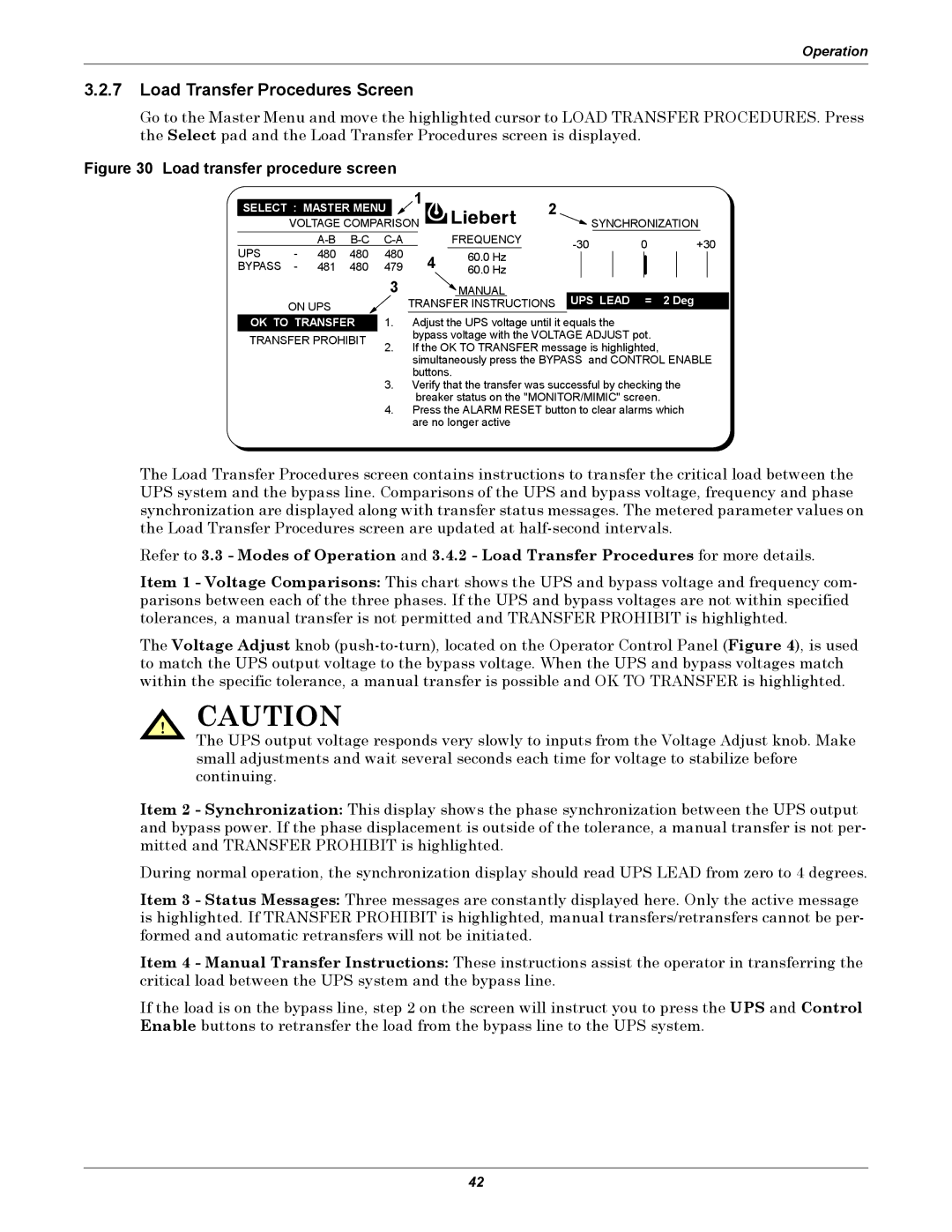 Liebert 610 manual Load Transfer Procedures Screen, Load transfer procedure screen 