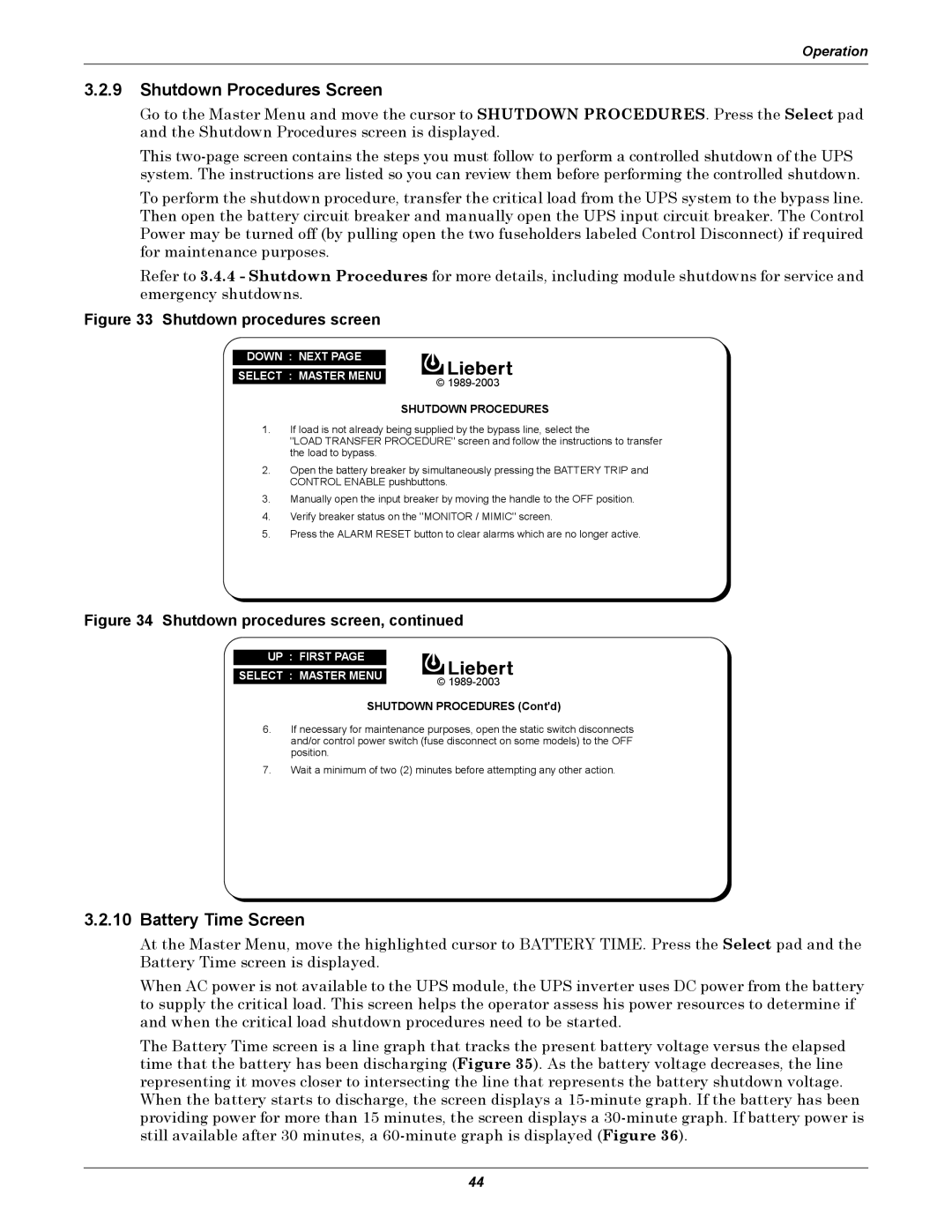 Liebert 610 manual Shutdown Procedures Screen, Battery Time Screen 