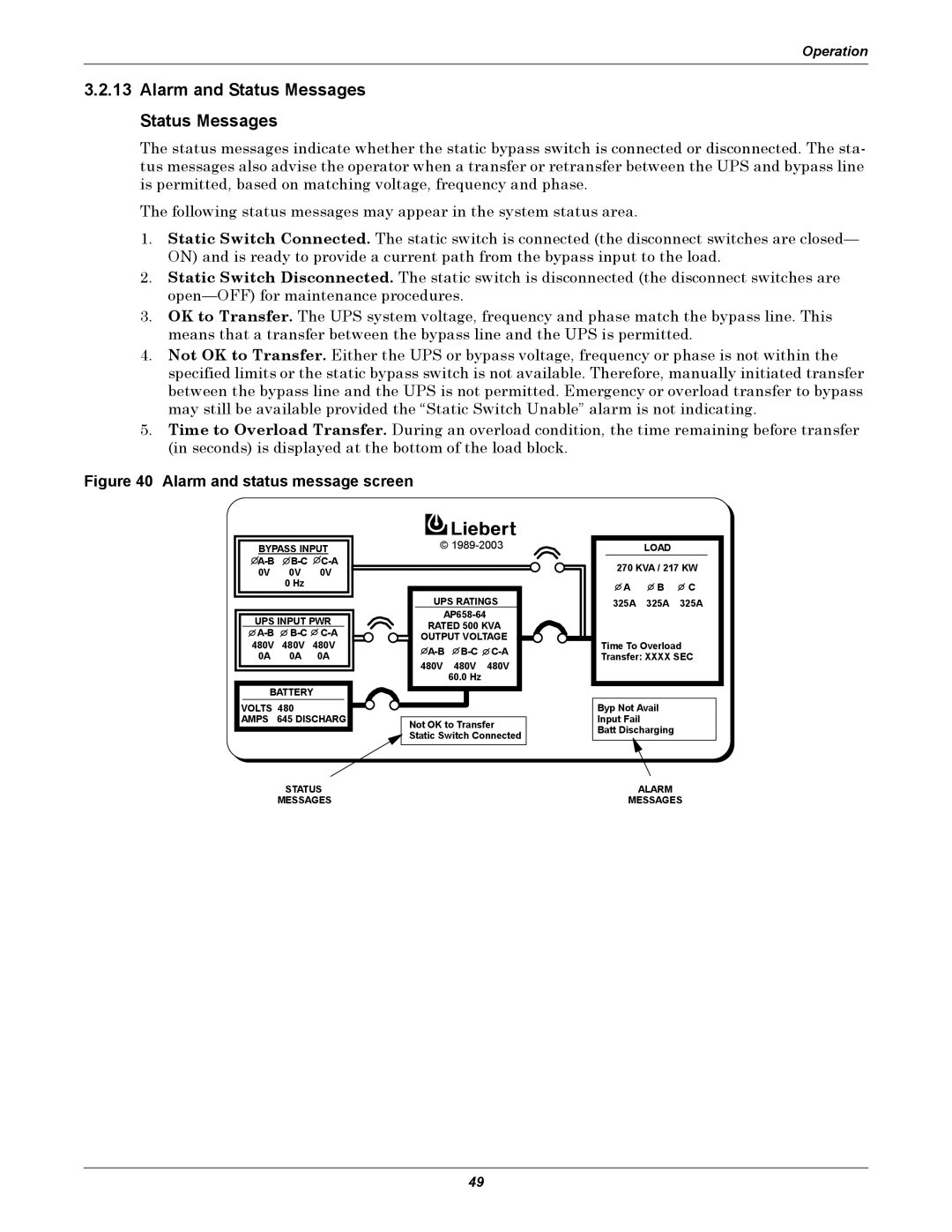 Liebert 610 manual Alarm and Status Messages Status Messages, Alarm and status message screen 