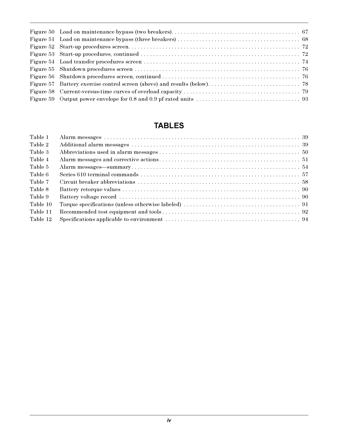 Liebert 610 manual Tables 