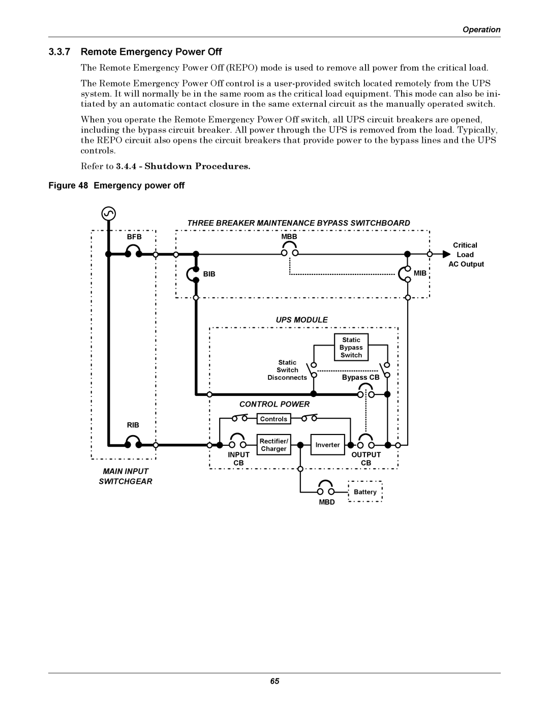 Liebert 610 manual Remote Emergency Power Off, Emergency power off 