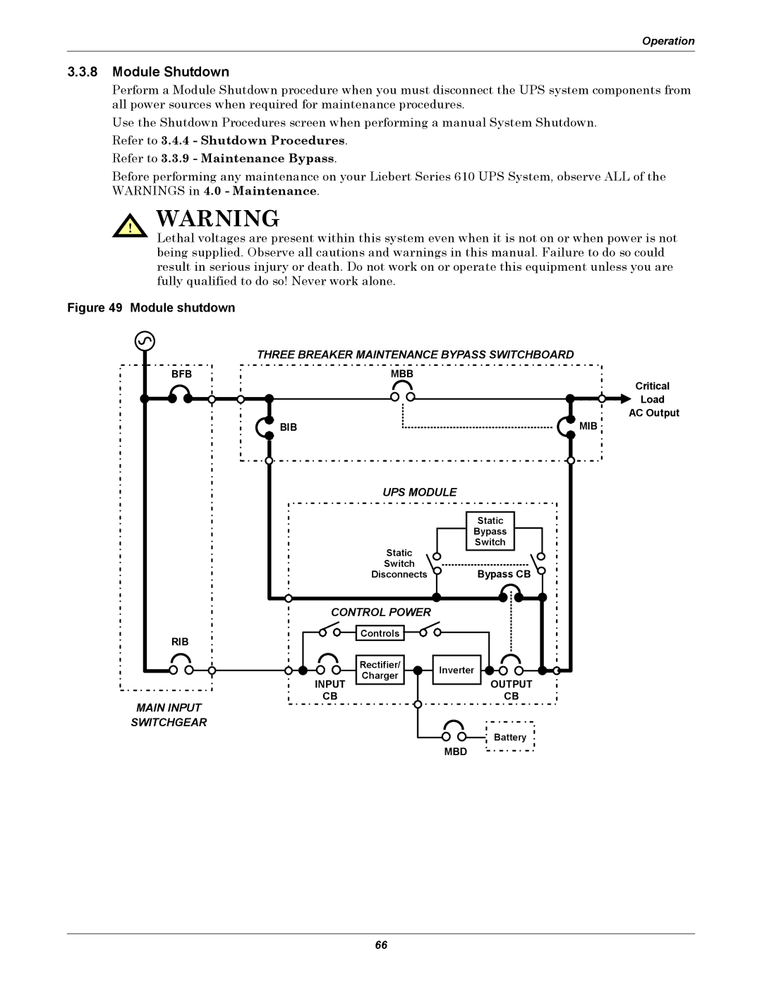 Liebert 610 manual Module Shutdown, Refer to 3.3.9 Maintenance Bypass 