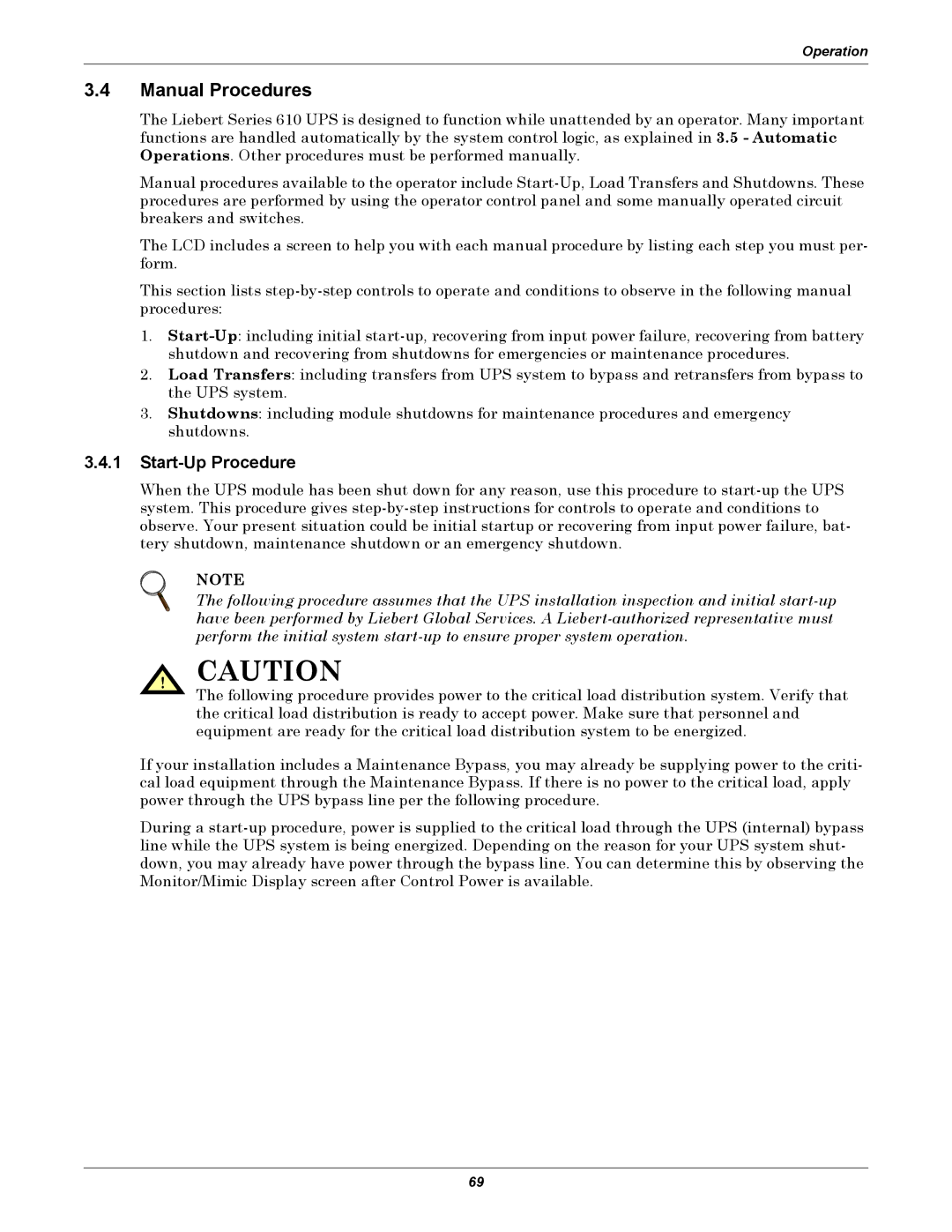 Liebert 610 manual Manual Procedures, Start-Up Procedure 