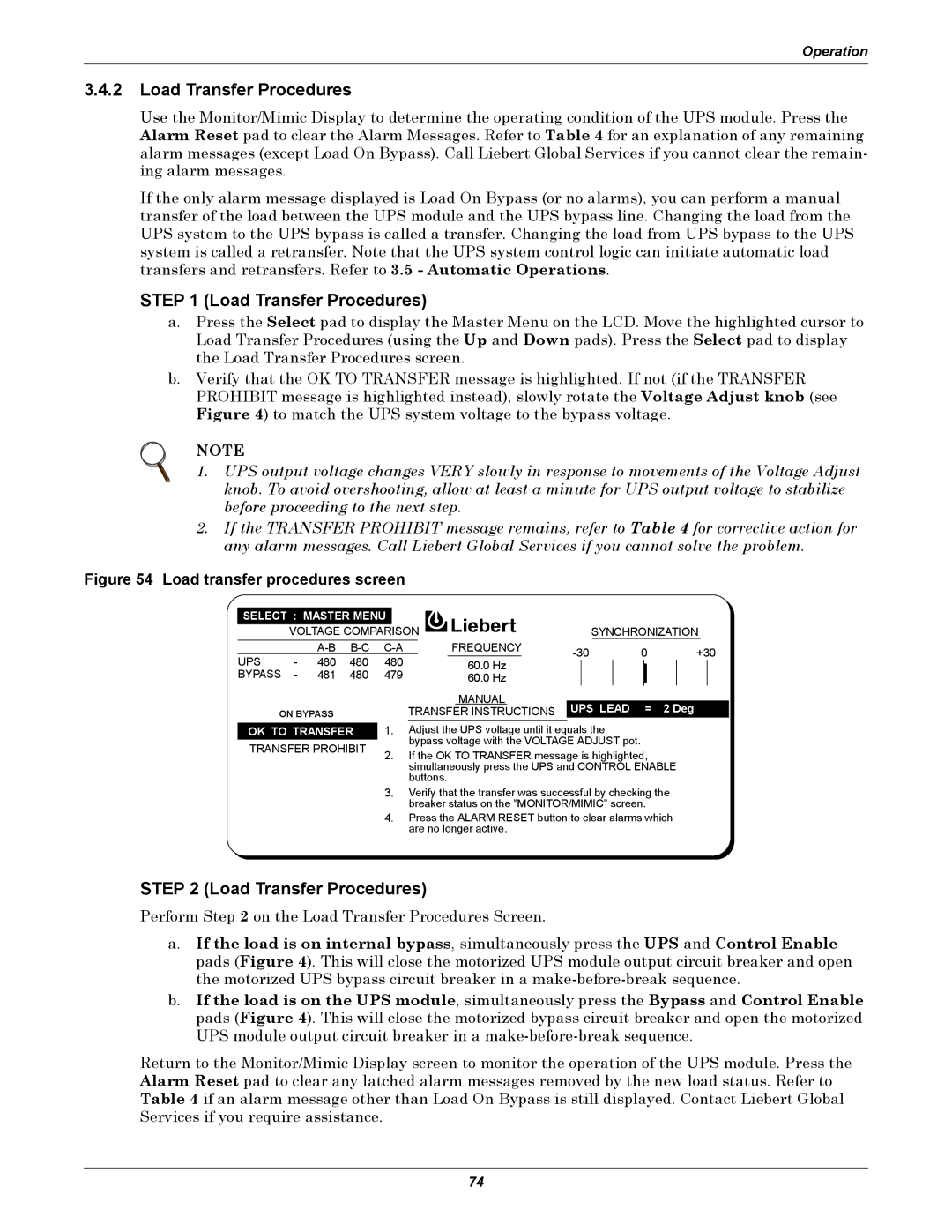Liebert 610 manual Load Transfer Procedures, Load transfer procedures screen 