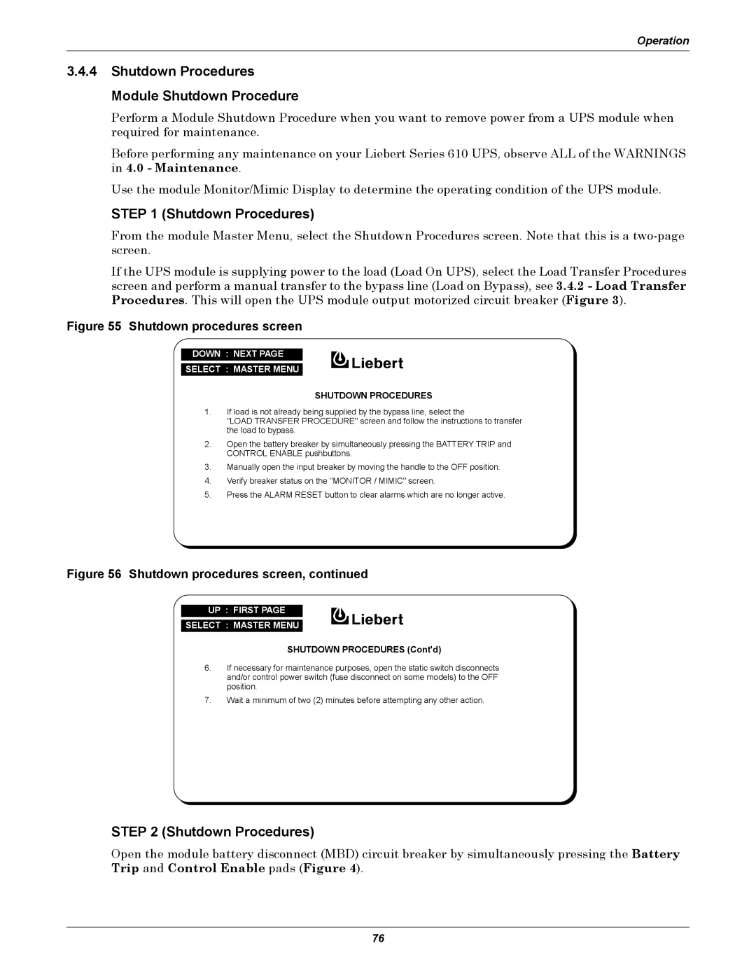 Liebert 610 manual Shutdown Procedures Module Shutdown Procedure 