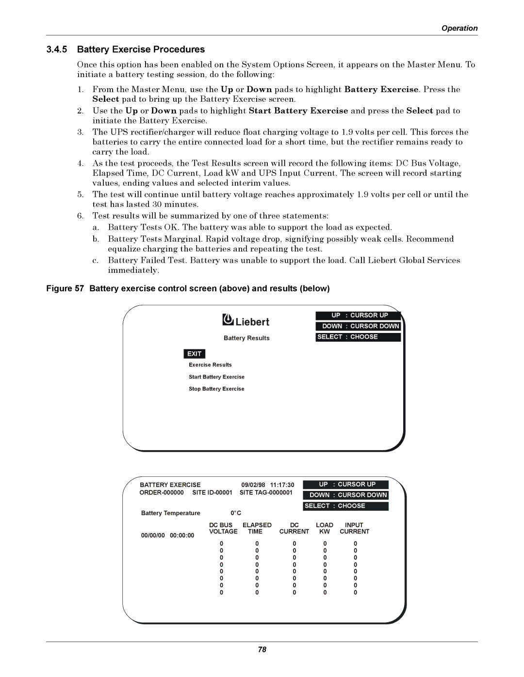 Liebert 610 manual Battery Exercise Procedures, Battery exercise control screen above and results below 