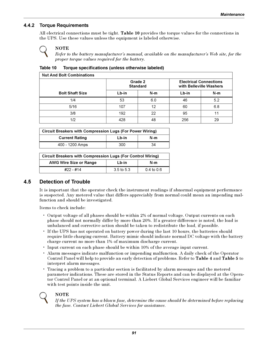 Liebert 610 manual Detection of Trouble, Torque Requirements, Torque specifications unless otherwise labeled 