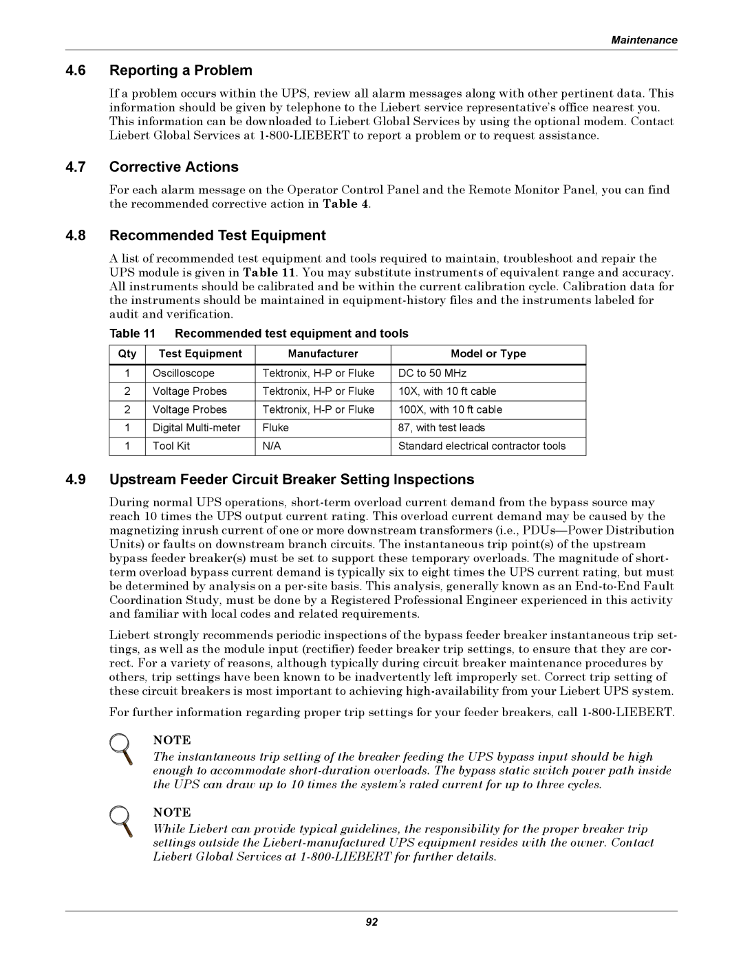 Liebert 610 Reporting a Problem, Corrective Actions, Recommended Test Equipment, Recommended test equipment and tools 