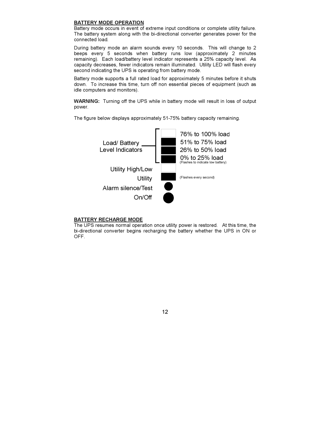 Liebert 700-2200 VA user manual Battery Mode Operation 