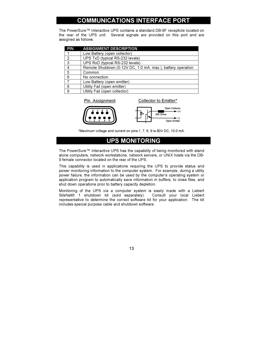 Liebert 700-2200 VA user manual Communications Interface Port, UPS Monitoring 