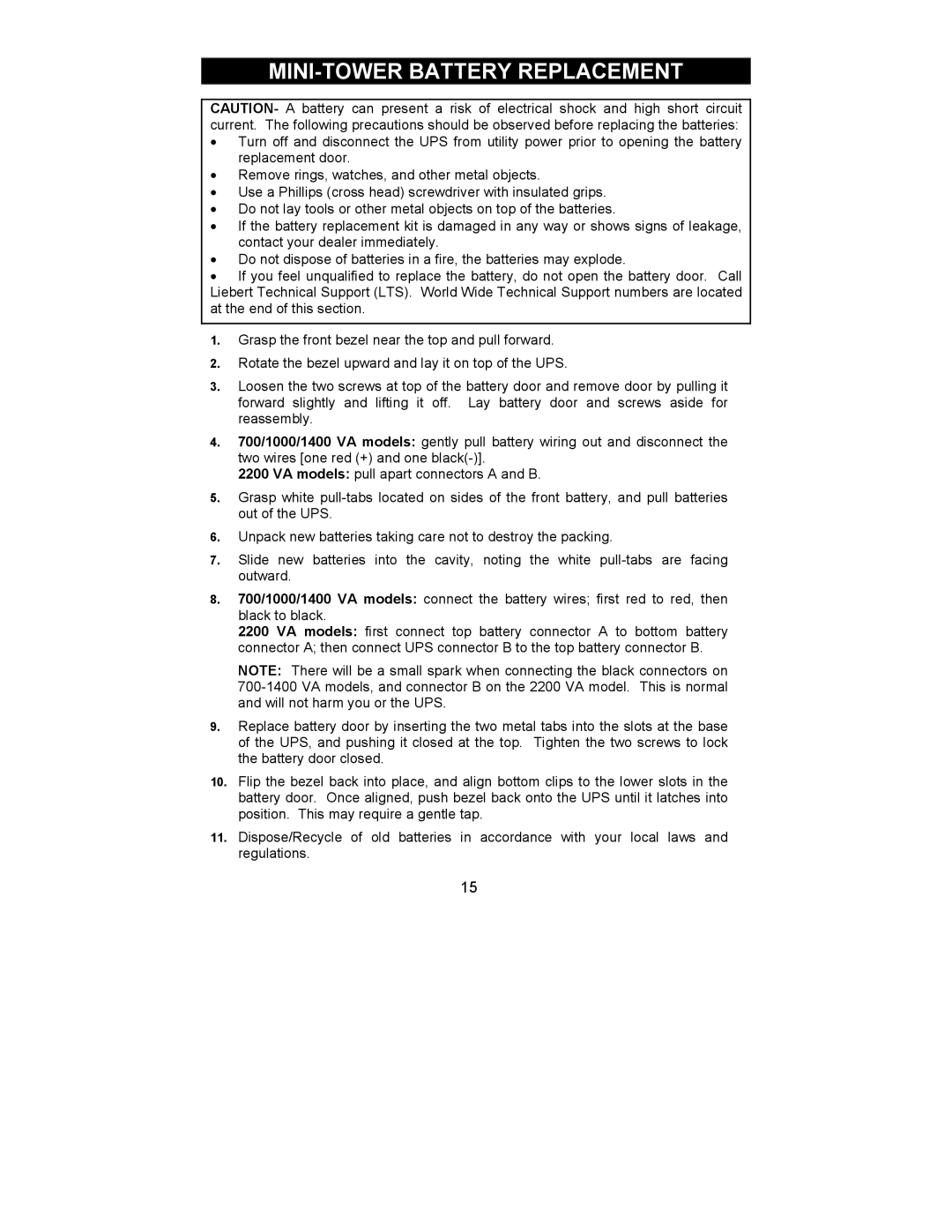 Liebert 700-2200 VA user manual MINI-TOWER Battery Replacement 