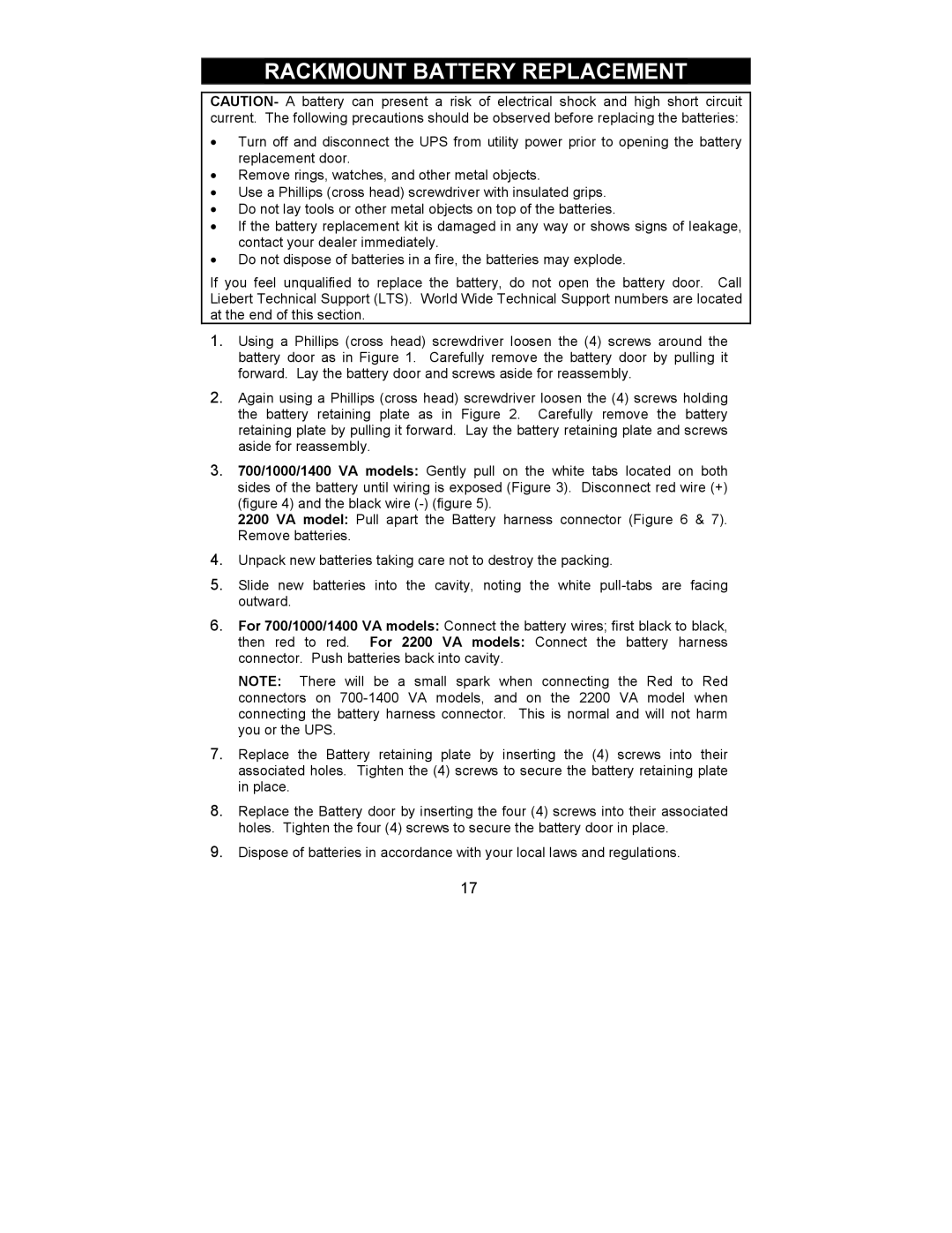 Liebert 700-2200 VA user manual Rackmount Battery Replacement 