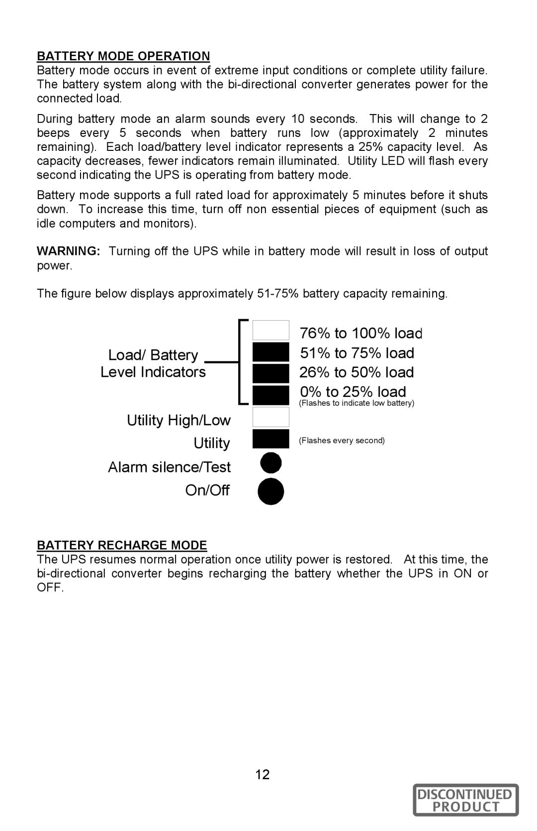 Liebert 700-2200 VA user manual Battery Mode Operation 