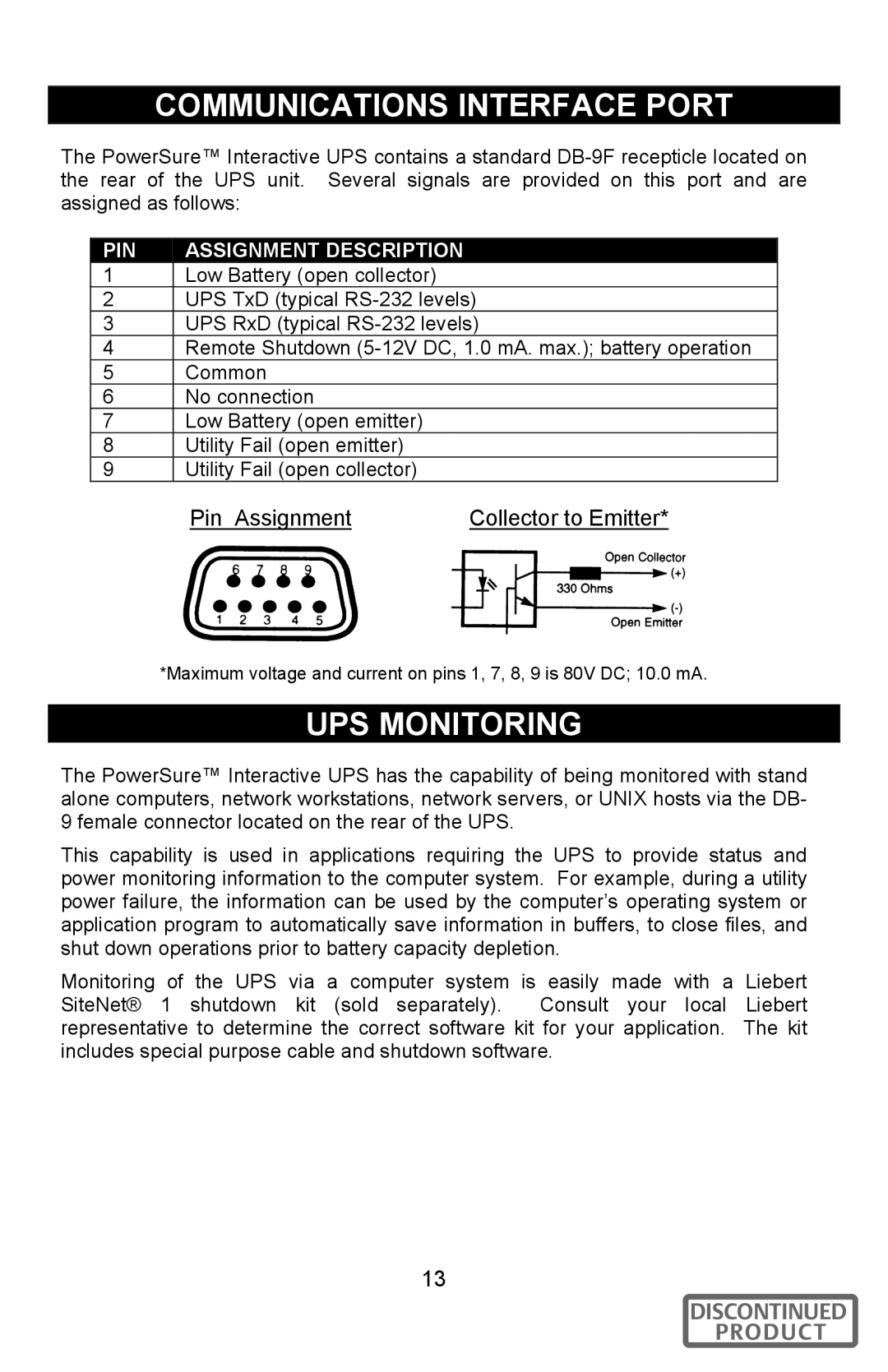 Liebert 700-2200 VA user manual Communications Interface Port, UPS Monitoring 