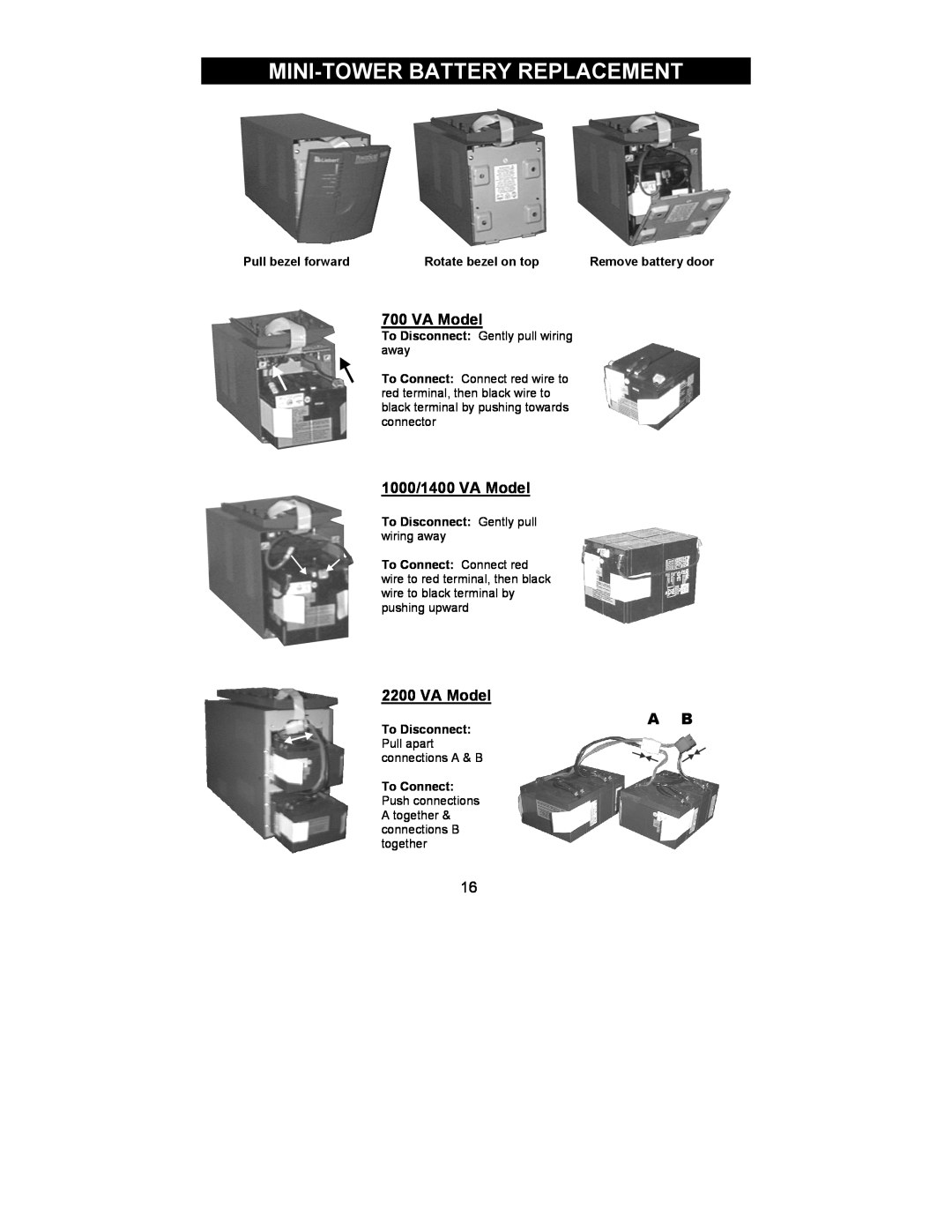 Liebert 700-2200 VA user manual Mini-Tower Battery Replacement, 1000/1400 VA Model, Remove battery door 