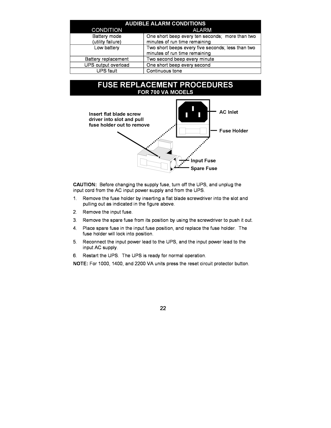 Liebert 700-2200 VA user manual Fuse Replacement Procedures, Audible Alarm Conditions, FOR 700 VA MODELS, AC Inlet 