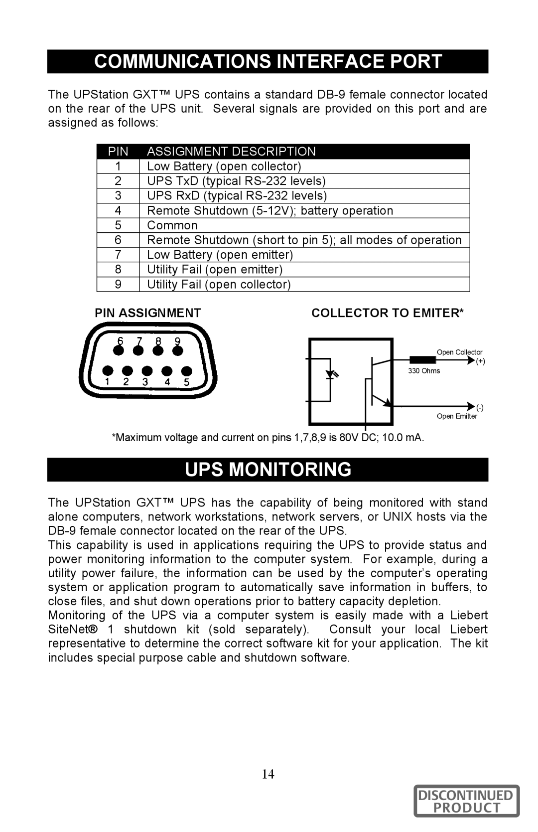 Liebert 700-3000 VA user manual Communications Interface Port, UPS Monitoring, PIN Assignmentcollector to Emiter 