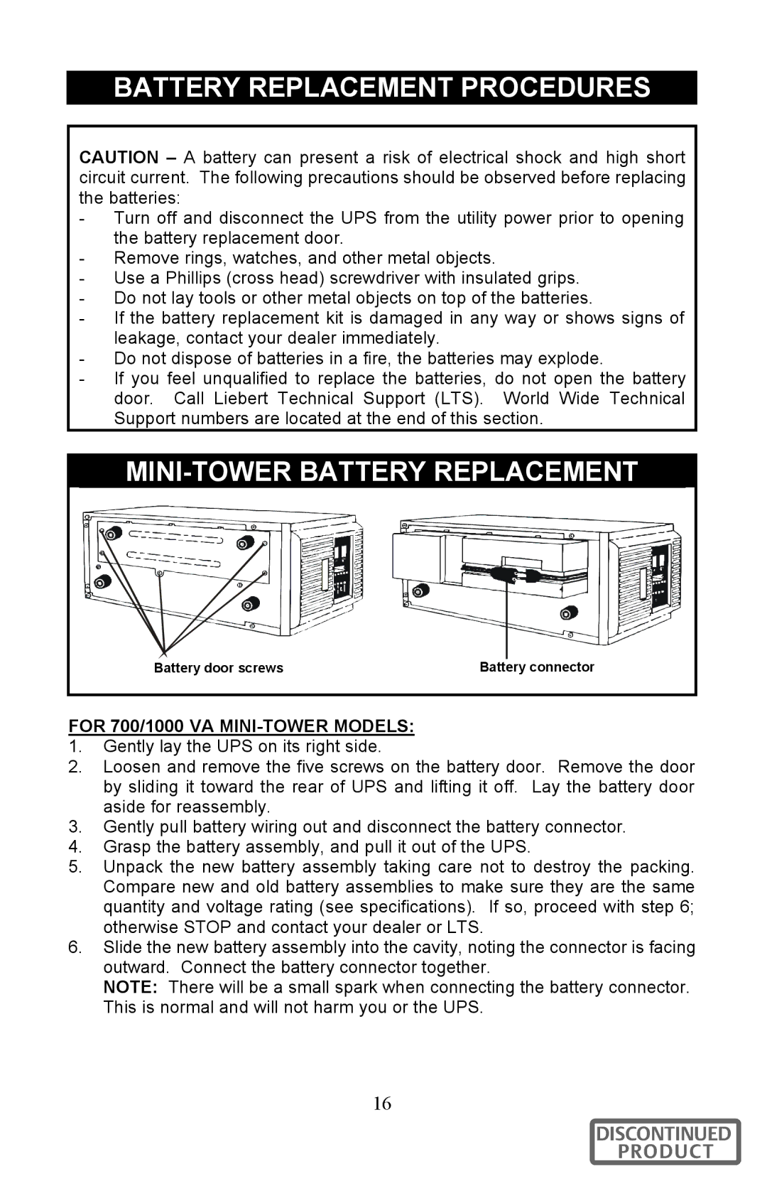 Liebert 700-3000 VA user manual Battery Replacement Procedures, For 700/1000 VA MINI-TOWER Models 