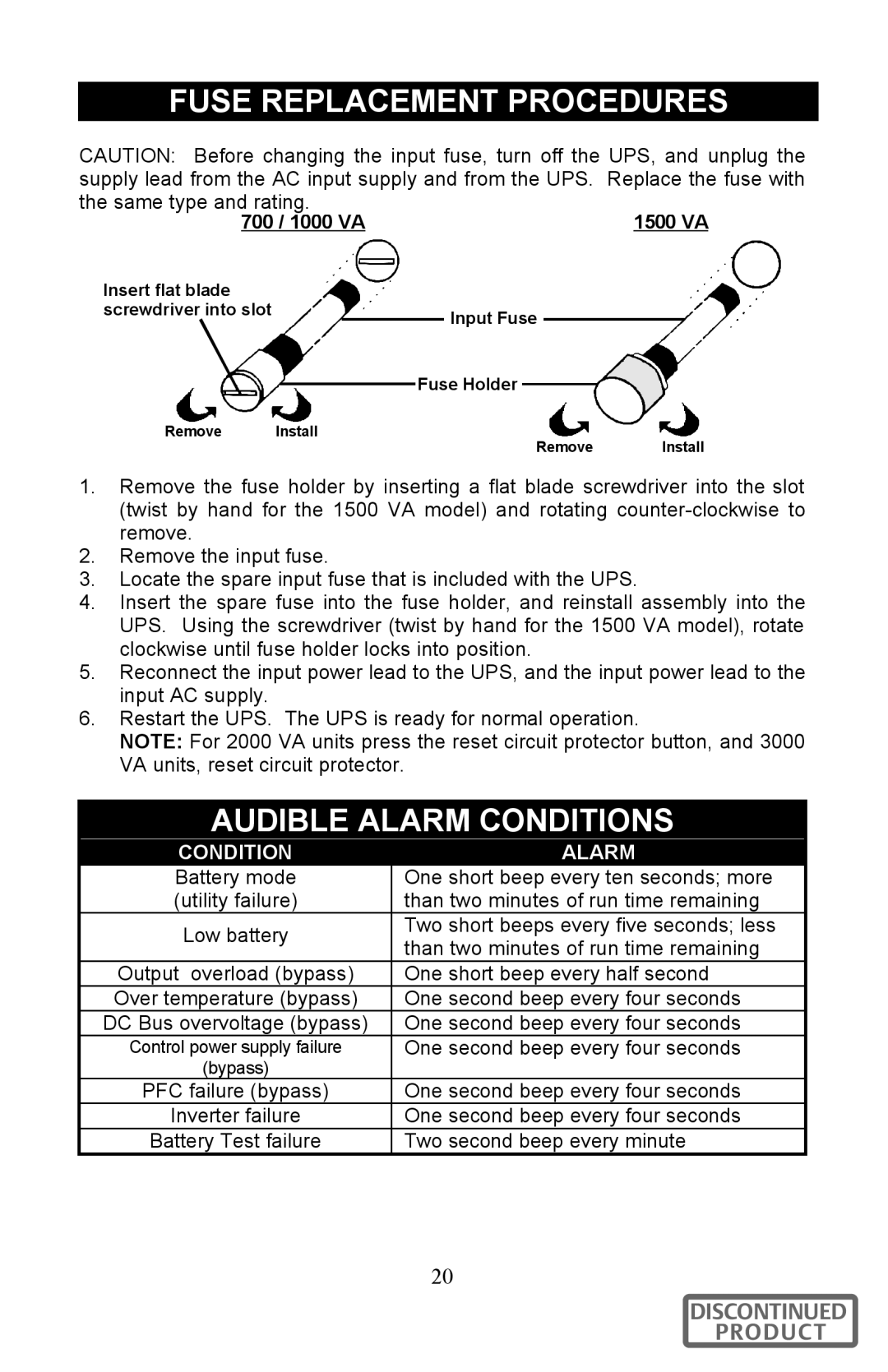 Liebert 700-3000 VA user manual Fuse Replacement Procedures, Audible Alarm Conditions 