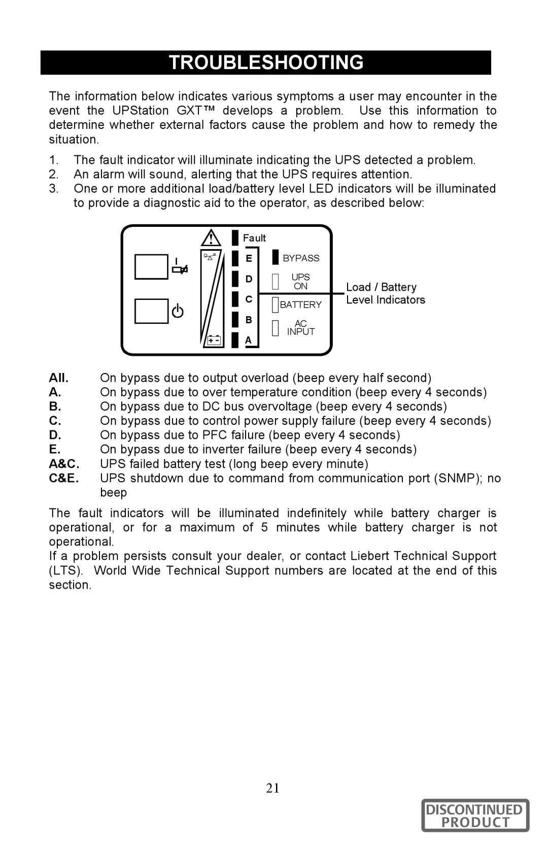 Liebert 700-3000 VA user manual Troubleshooting 