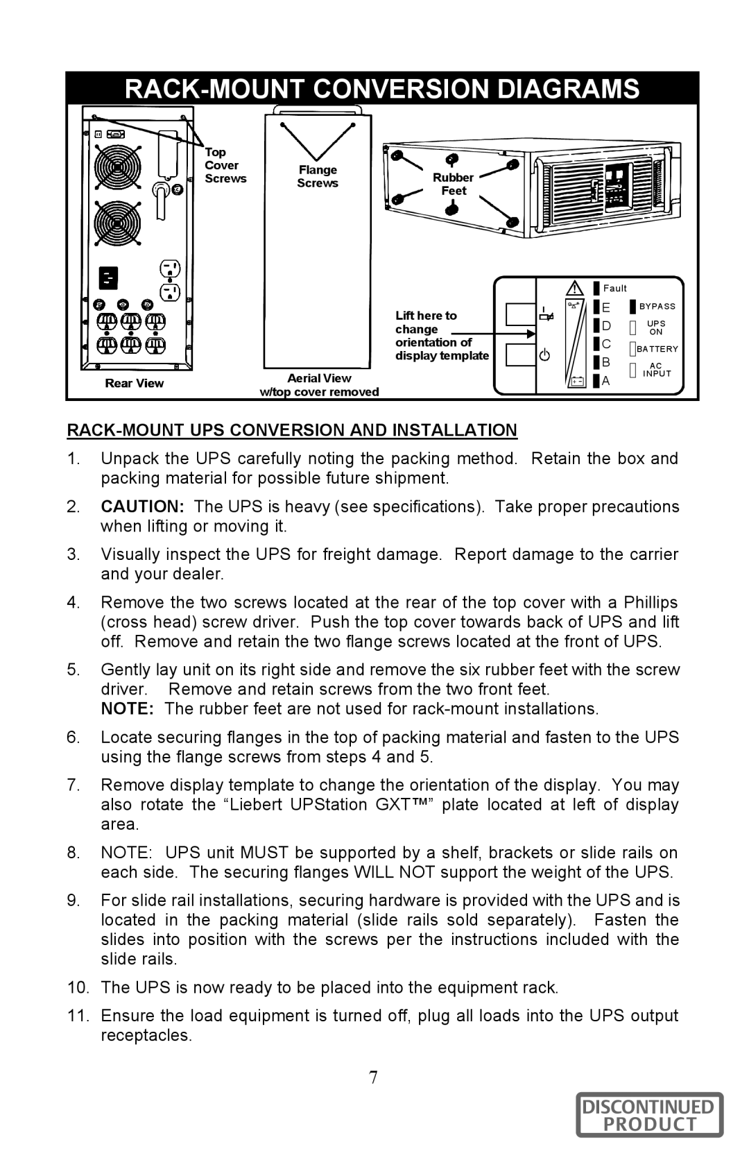 Liebert 700-3000 VA user manual RACK-MOUNT Conversion Diagrams, RACK-MOUNT UPS Conversion and Installation 