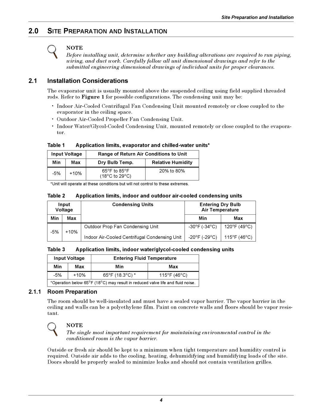 Liebert 8 Tons Installation Considerations, Room Preparation, Application limits, evaporator and chilled-water units 