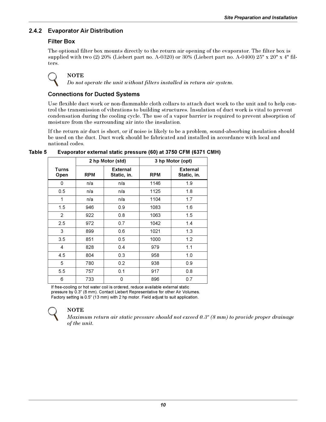 Liebert 8 Tons, 50 & 60Hz user manual Evaporator Air Distribution Filter Box, Connections for Ducted Systems, Static 