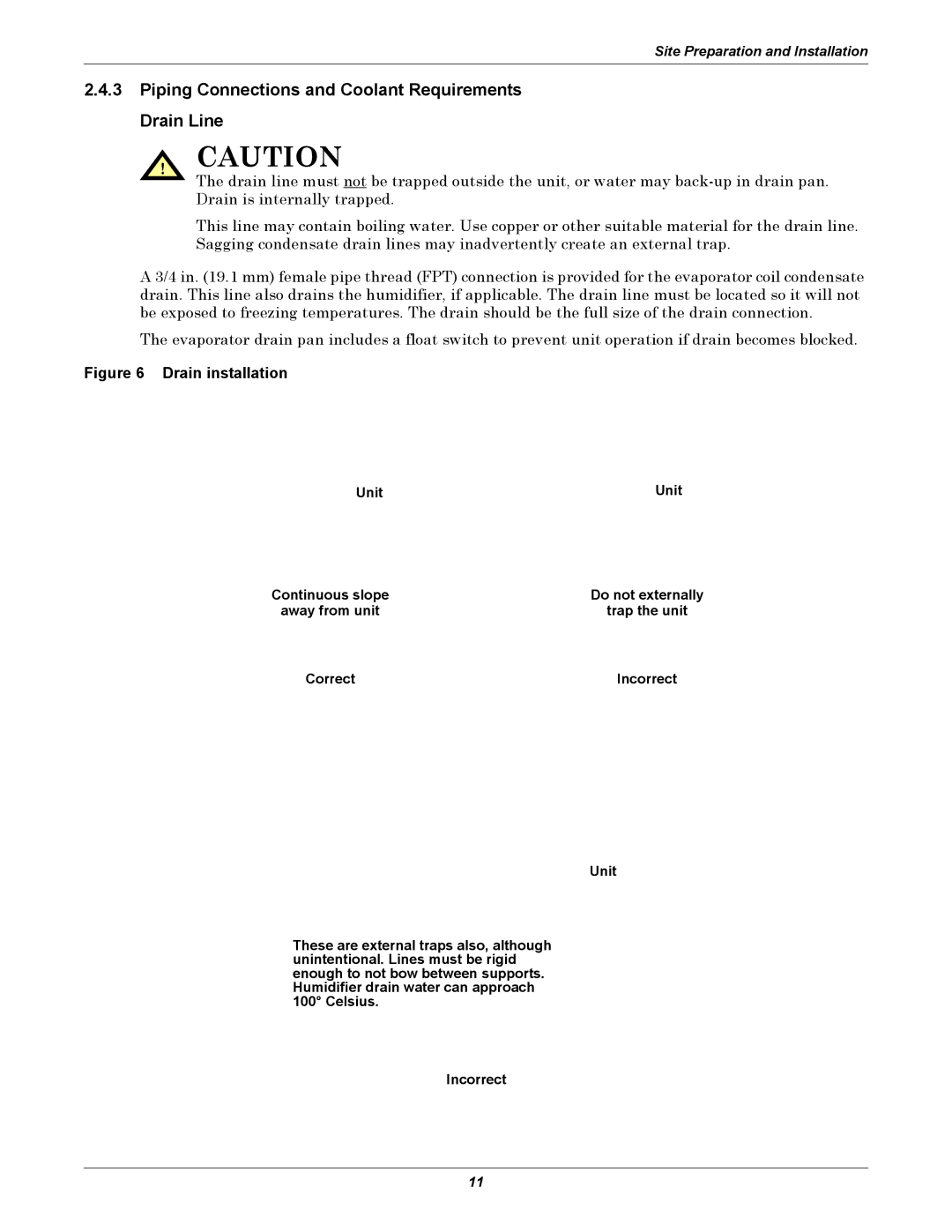 Liebert 50 & 60Hz, 8 Tons user manual Piping Connections and Coolant Requirements Drain Line, Drain installation 