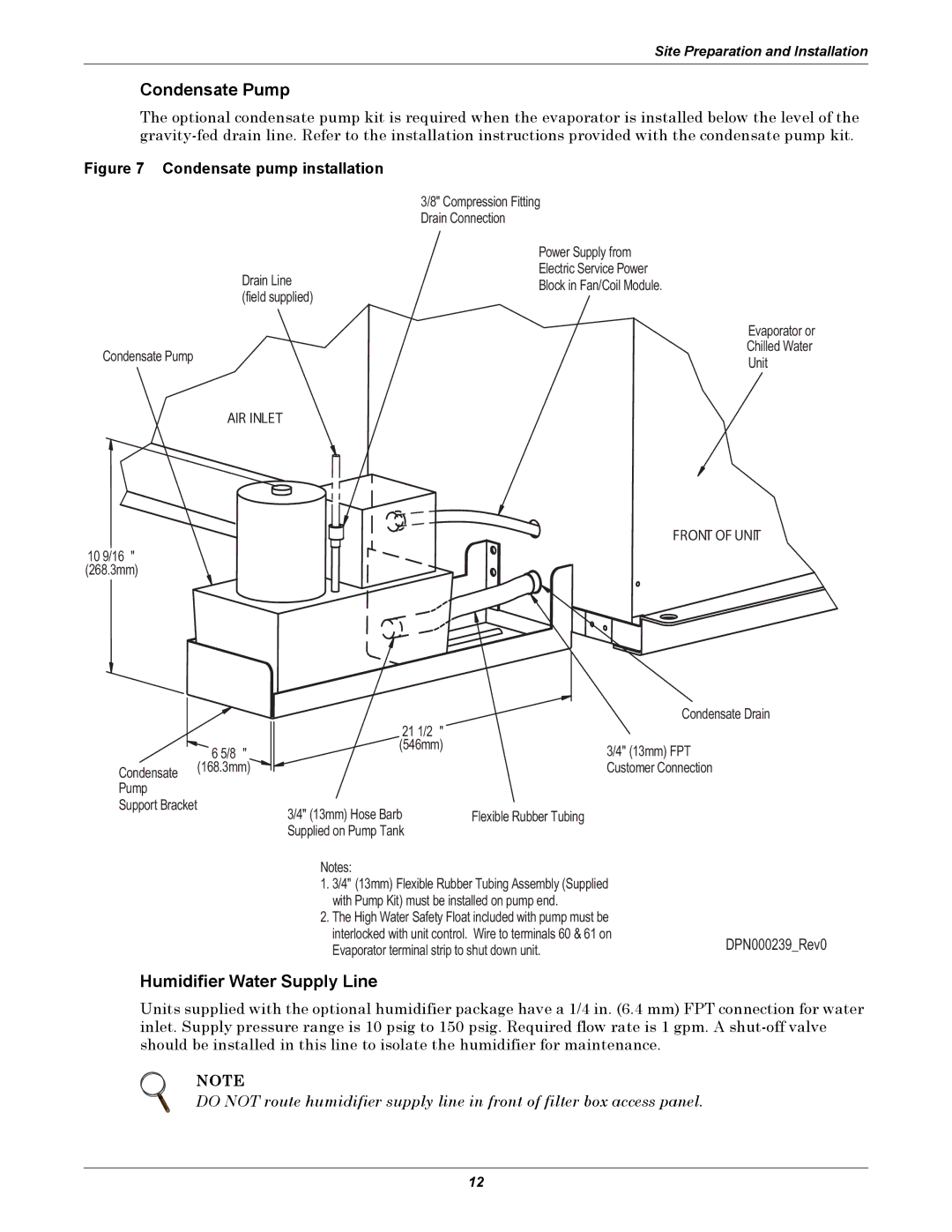 Liebert 8 Tons, 50 & 60Hz user manual Condensate Pump, Humidifier Water Supply Line 