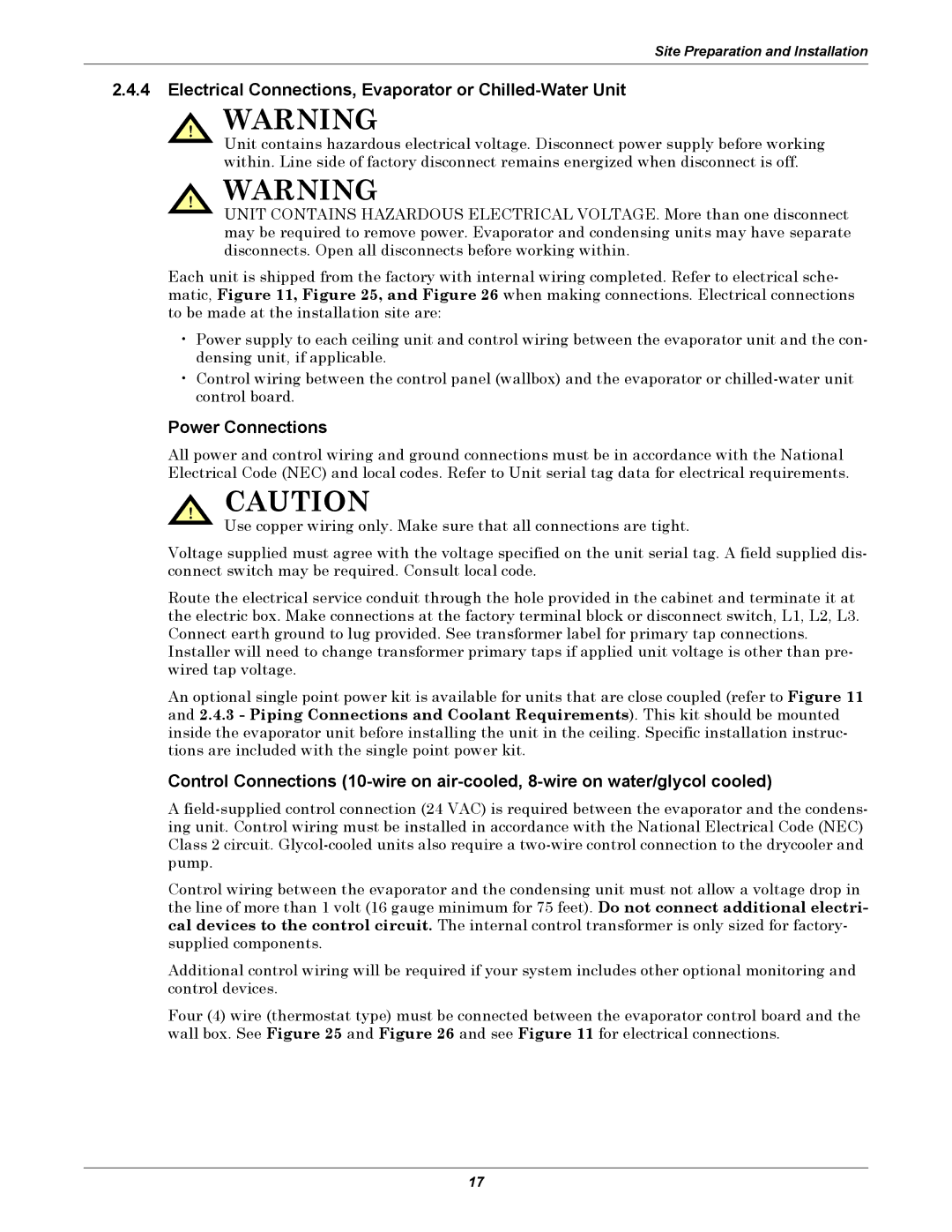 Liebert 50 & 60Hz, 8 Tons user manual Electrical Connections, Evaporator or Chilled-Water Unit, Power Connections 