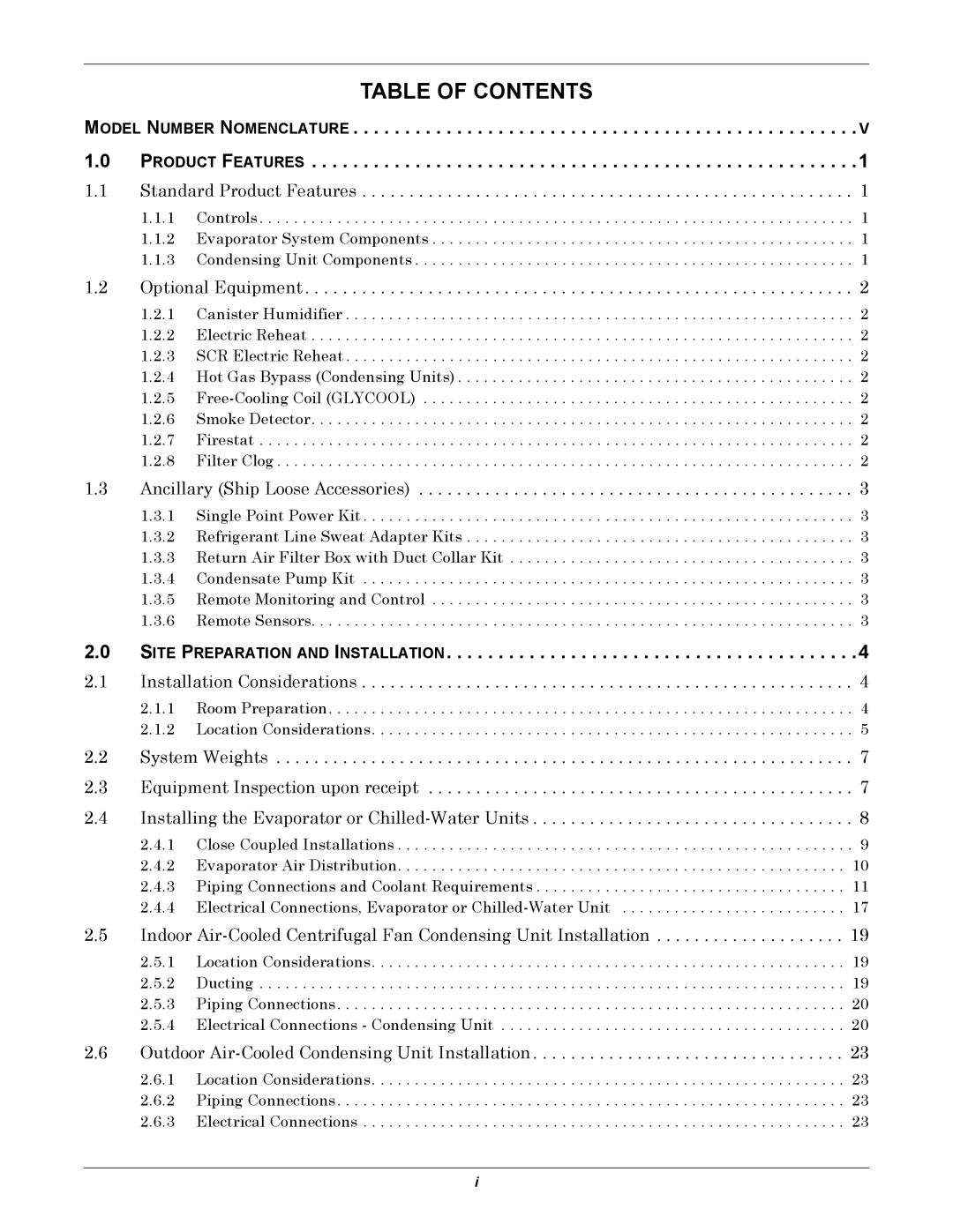 Liebert 50 & 60Hz, 8 Tons user manual Table of Contents 