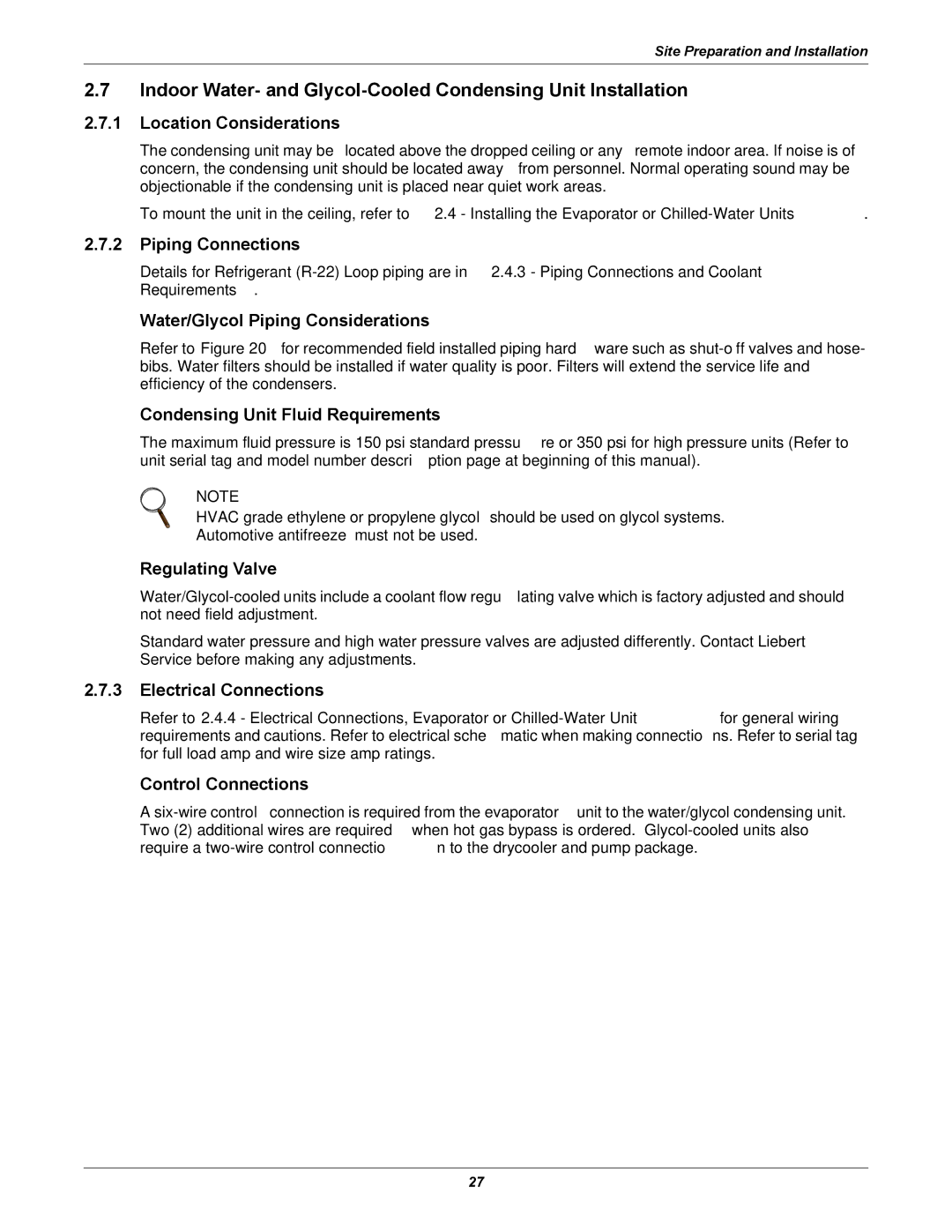 Liebert 50 & 60Hz, 8 Tons Water/Glycol Piping Considerations, Condensing Unit Fluid Requirements, Regulating Valve 