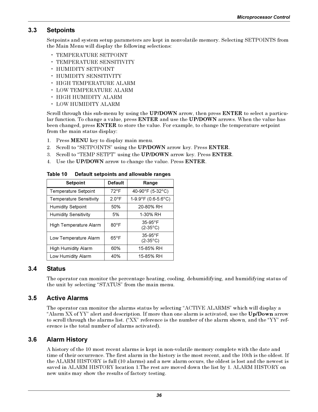 Liebert 8 Tons, 50 & 60Hz Setpoints, Status, Active Alarms, Alarm History, Default setpoints and allowable ranges 