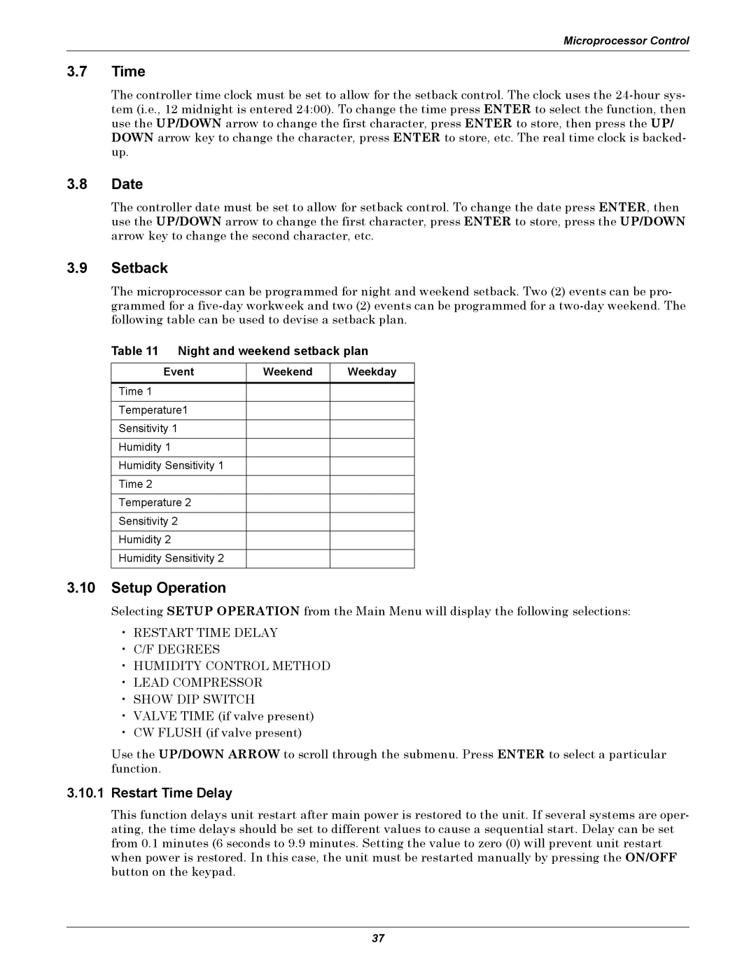 Liebert 50 & 60Hz, 8 Tons user manual Date, Setback, Setup Operation, Restart Time Delay 