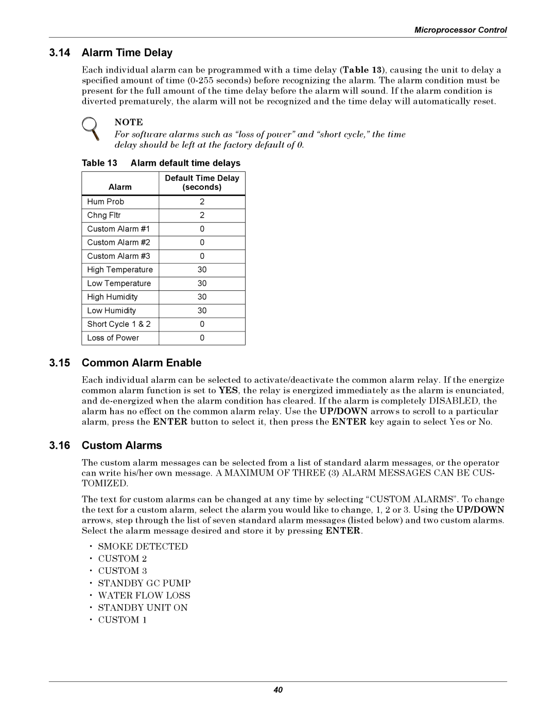 Liebert 8 Tons, 50 & 60Hz user manual Alarm Time Delay, Common Alarm Enable, Custom Alarms, Alarm default time delays 