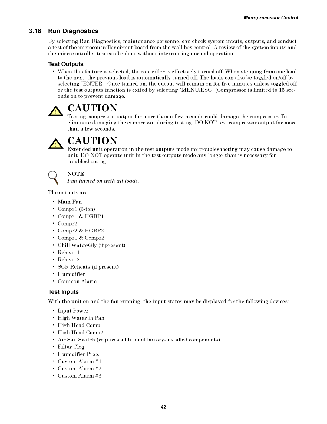 Liebert 8 Tons, 50 & 60Hz user manual Run Diagnostics, Test Outputs, Test Inputs 