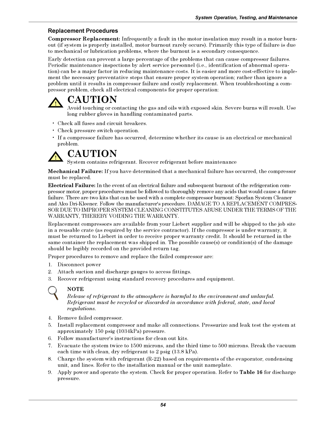 Liebert 8 Tons, 50 & 60Hz user manual Replacement Procedures 