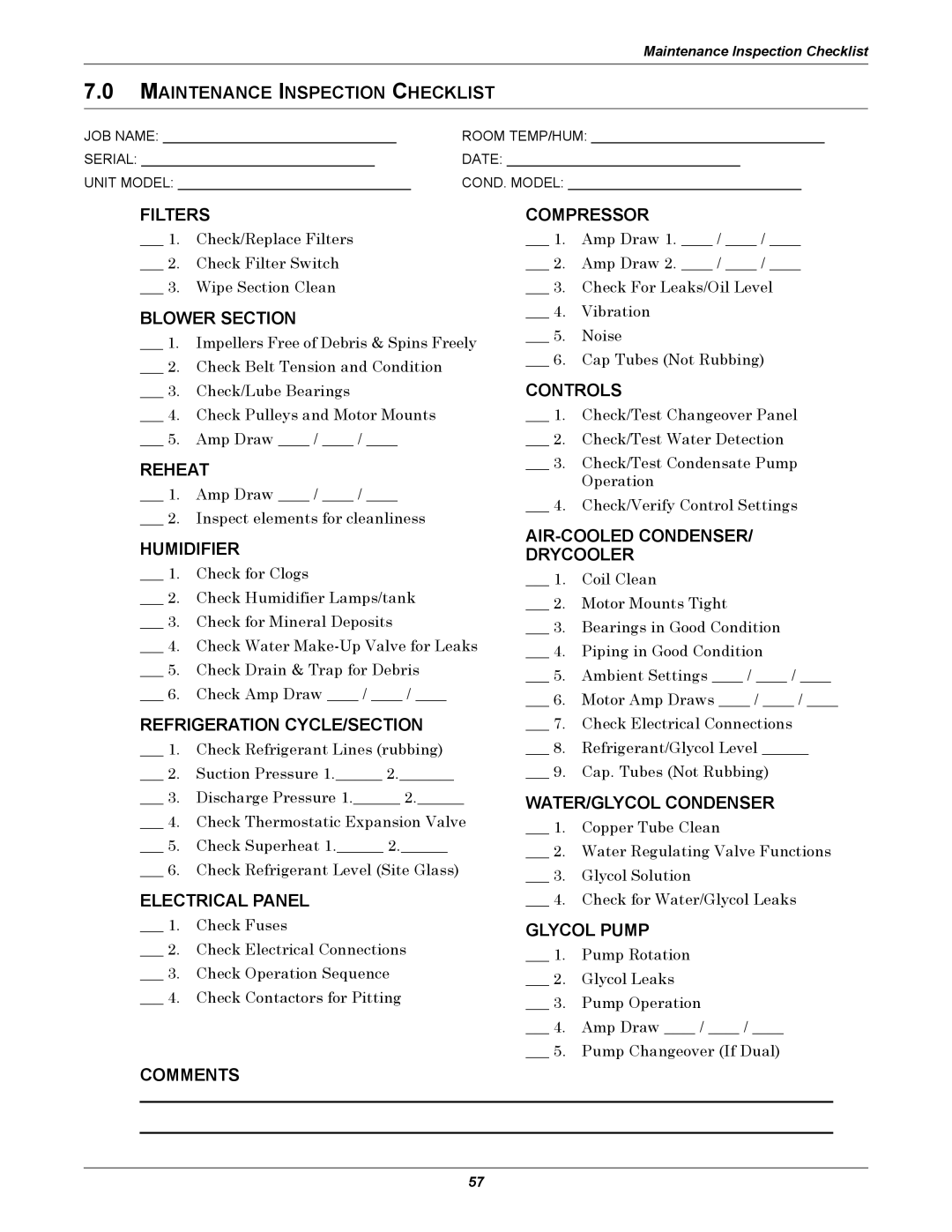 Liebert 50 & 60Hz, 8 Tons user manual Maintenance Inspection Checklist 