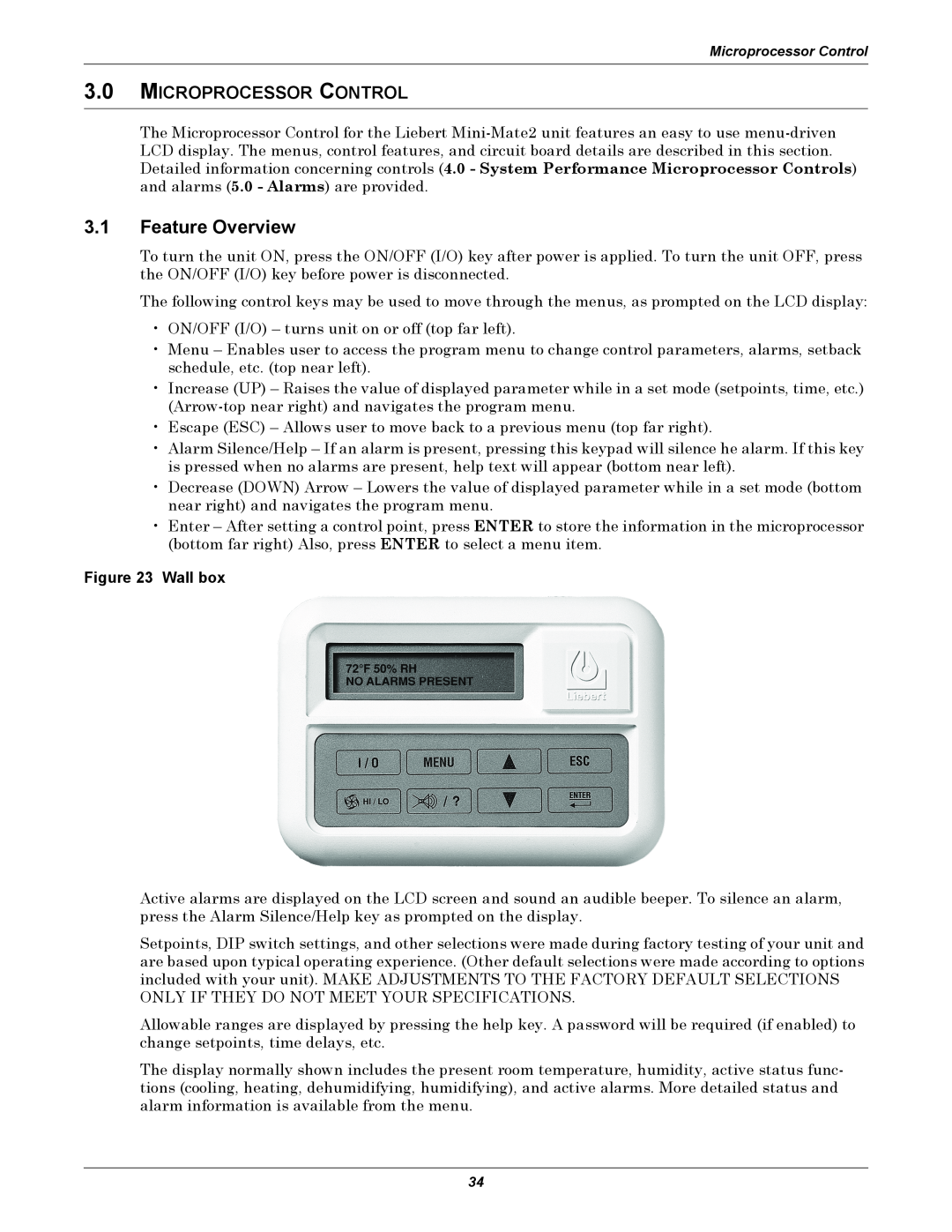 Liebert 8 Tons, 50 & 60Hz user manual 3.1Feature Overview, 3.0MICROPROCESSOR CONTROL, Wall box 