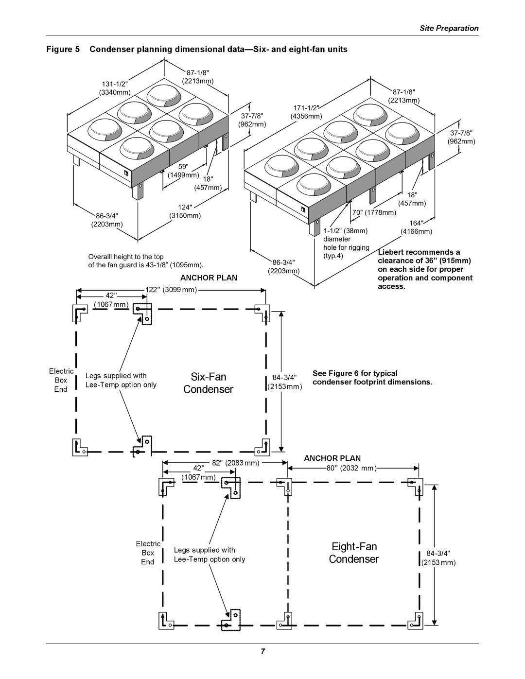 Liebert 510 616 830, 205 251, 104 165, 1010 Operation and component access, See for typical, Condenser footprint dimensions 