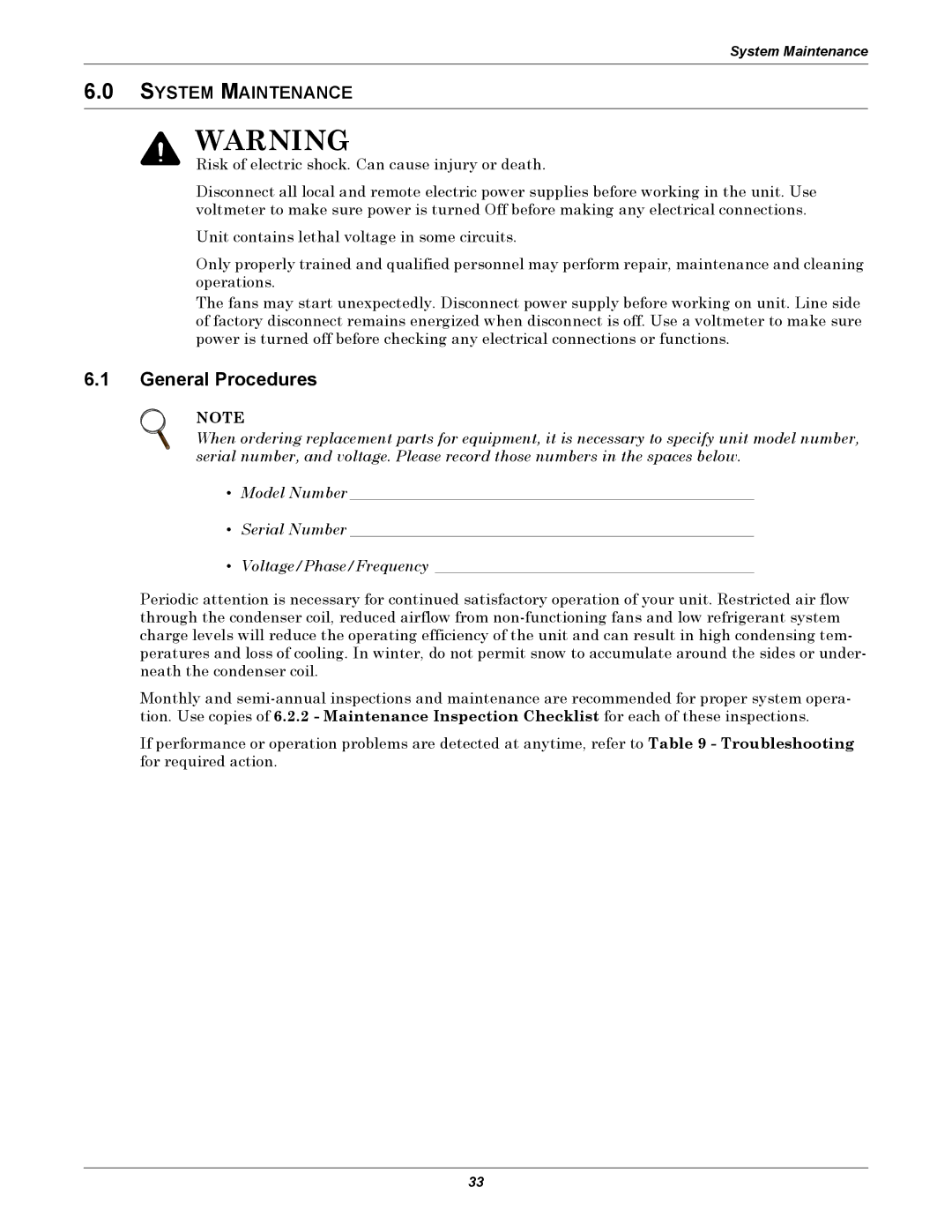 Liebert 205 251, 104 165, 308 415, 1010, 510 616 830 manual General Procedures, System Maintenance 