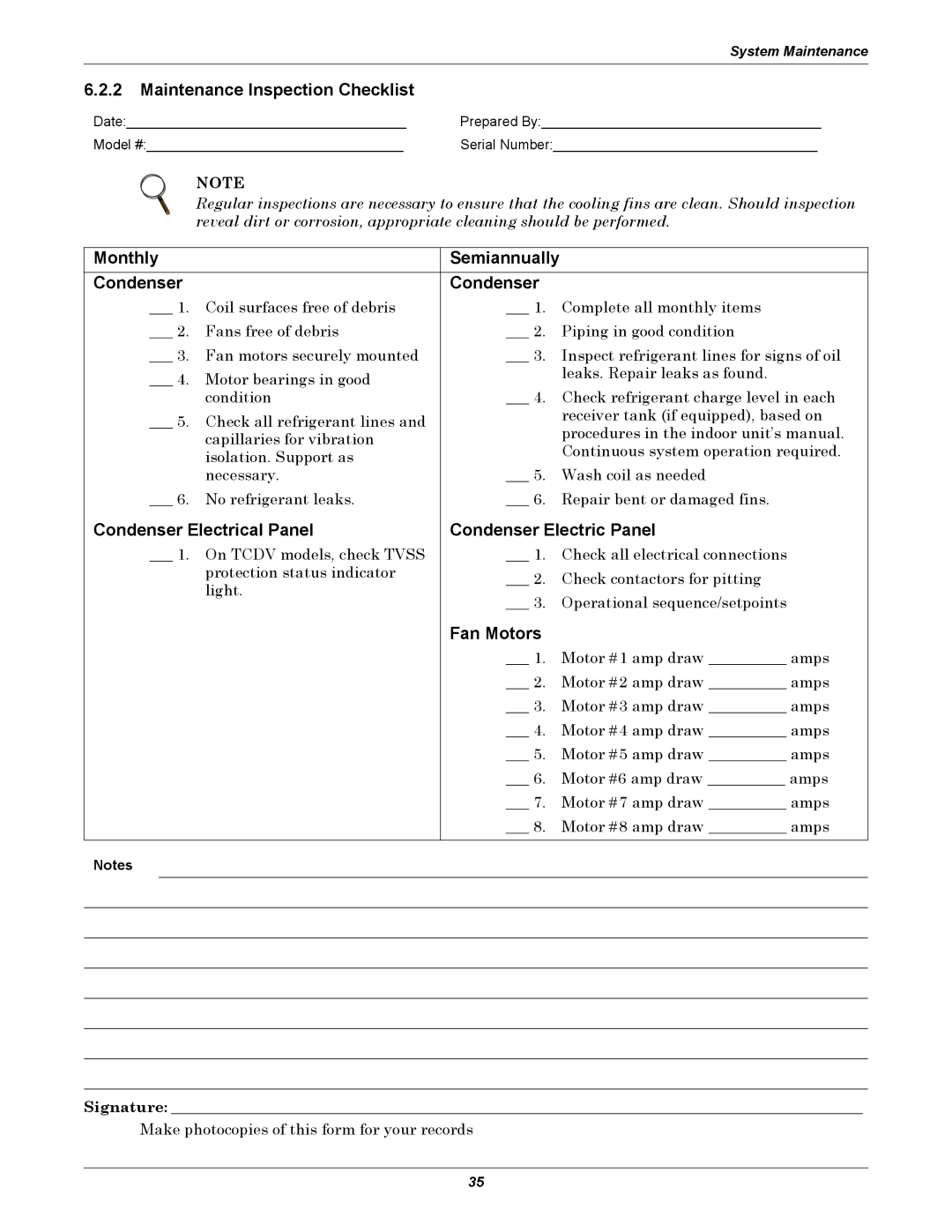 Liebert 308 415, 83, 205 251, 104 165, 1010 manual Maintenance Inspection Checklist, Monthly Semiannually Condenser, Fan Motors 