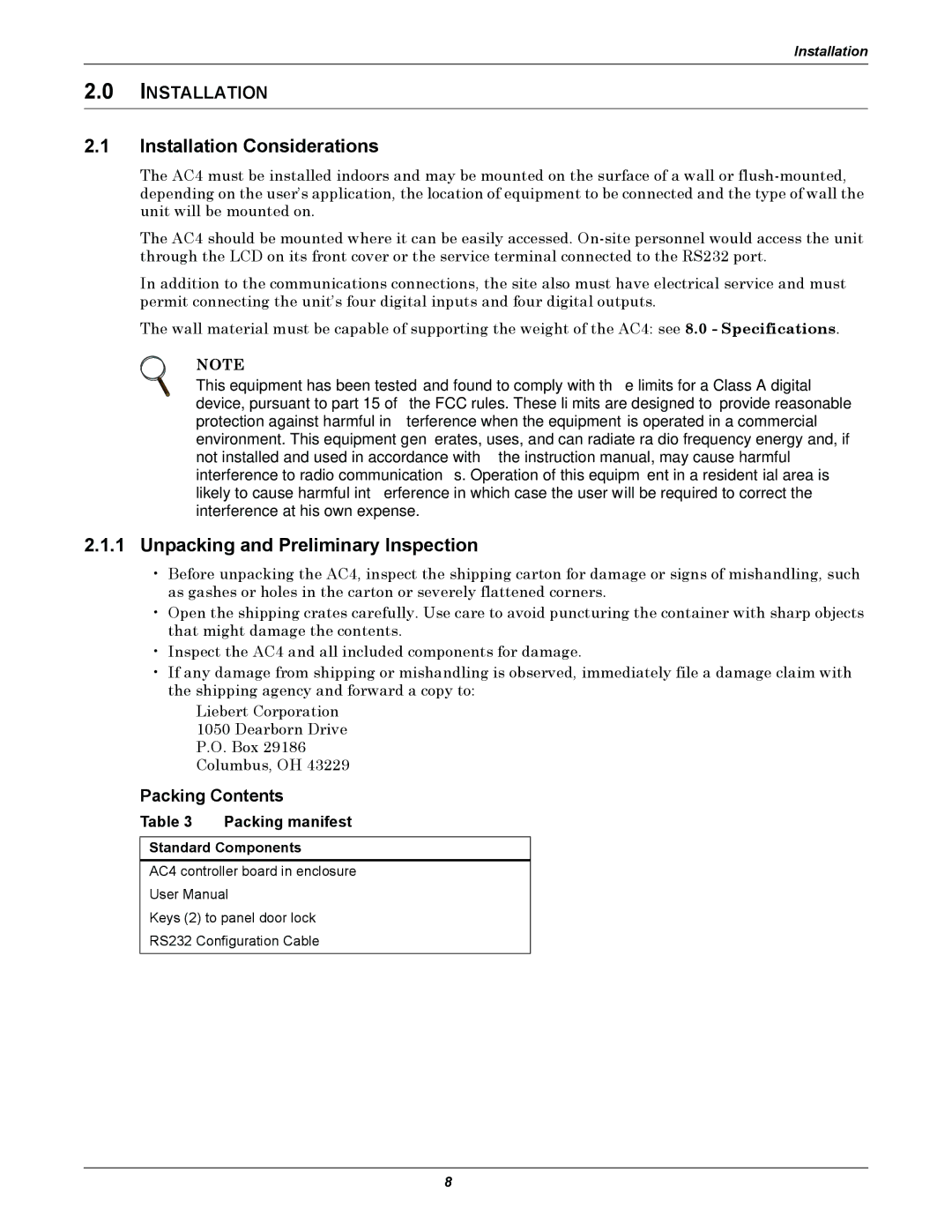 Liebert AC4 user manual Installation Considerations, Unpacking and Preliminary Inspection, Packing Contents 