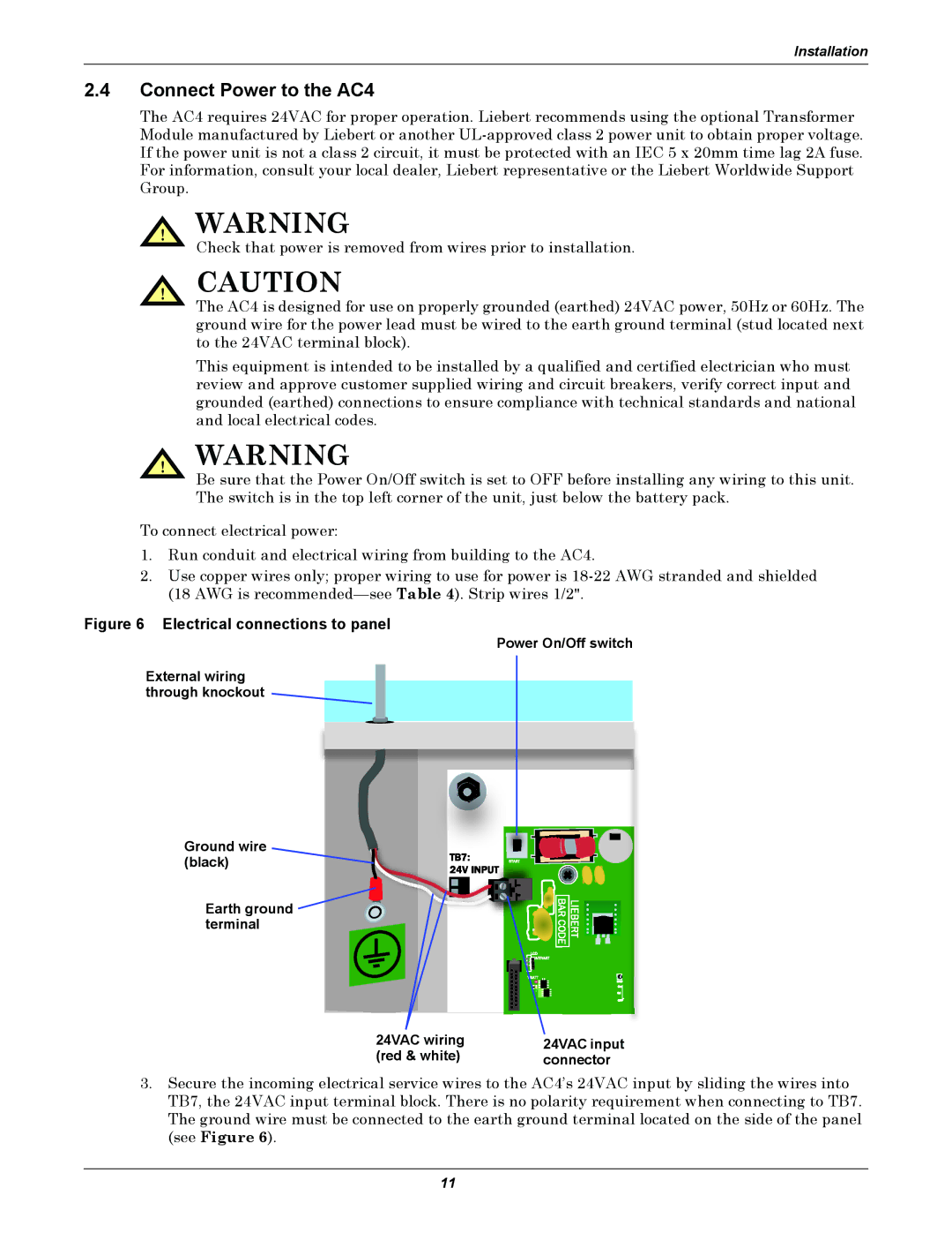 Liebert user manual Connect Power to the AC4, Electrical connections to panel 