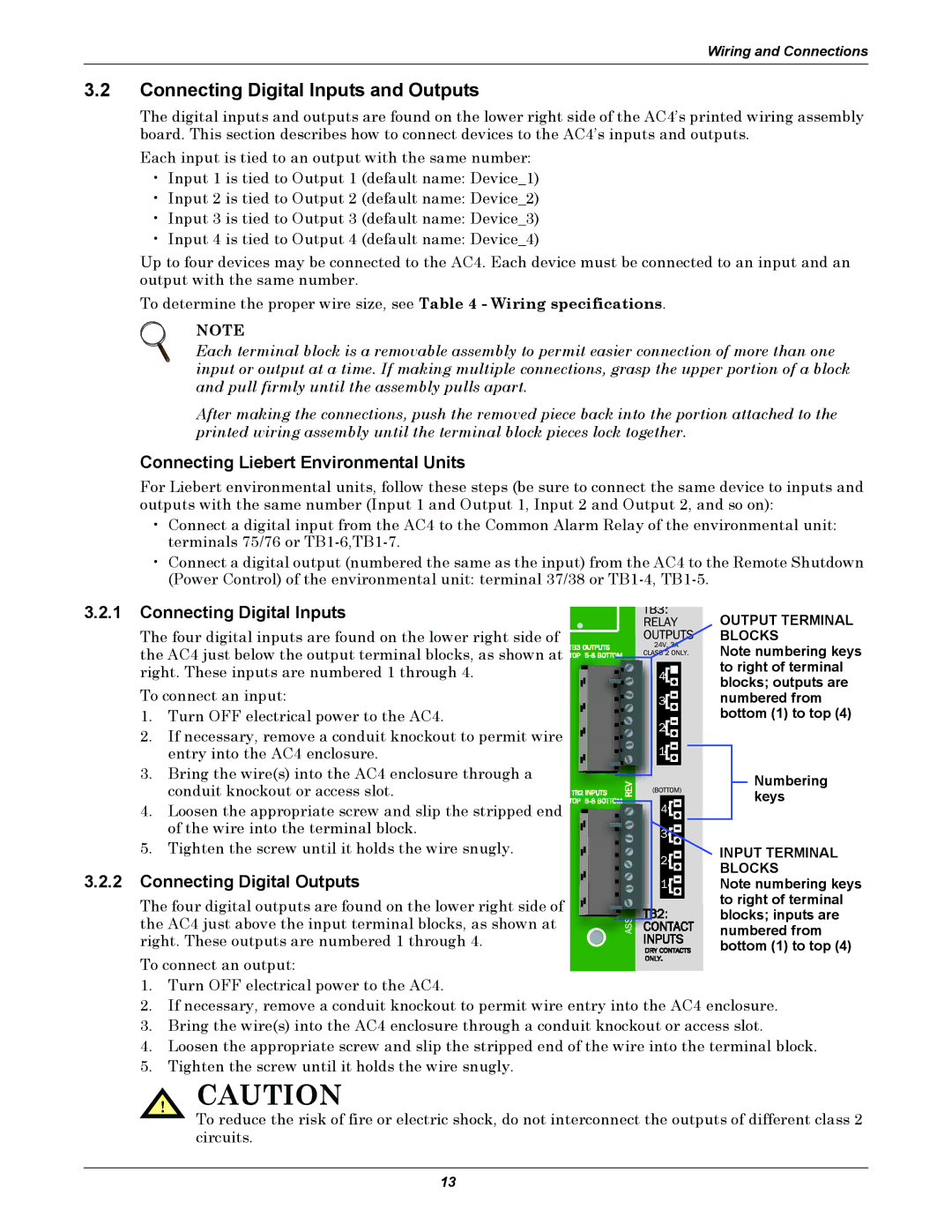 Liebert AC4 Connecting Digital Inputs and Outputs, Connecting Liebert Environmental Units, Connecting Digital Outputs 