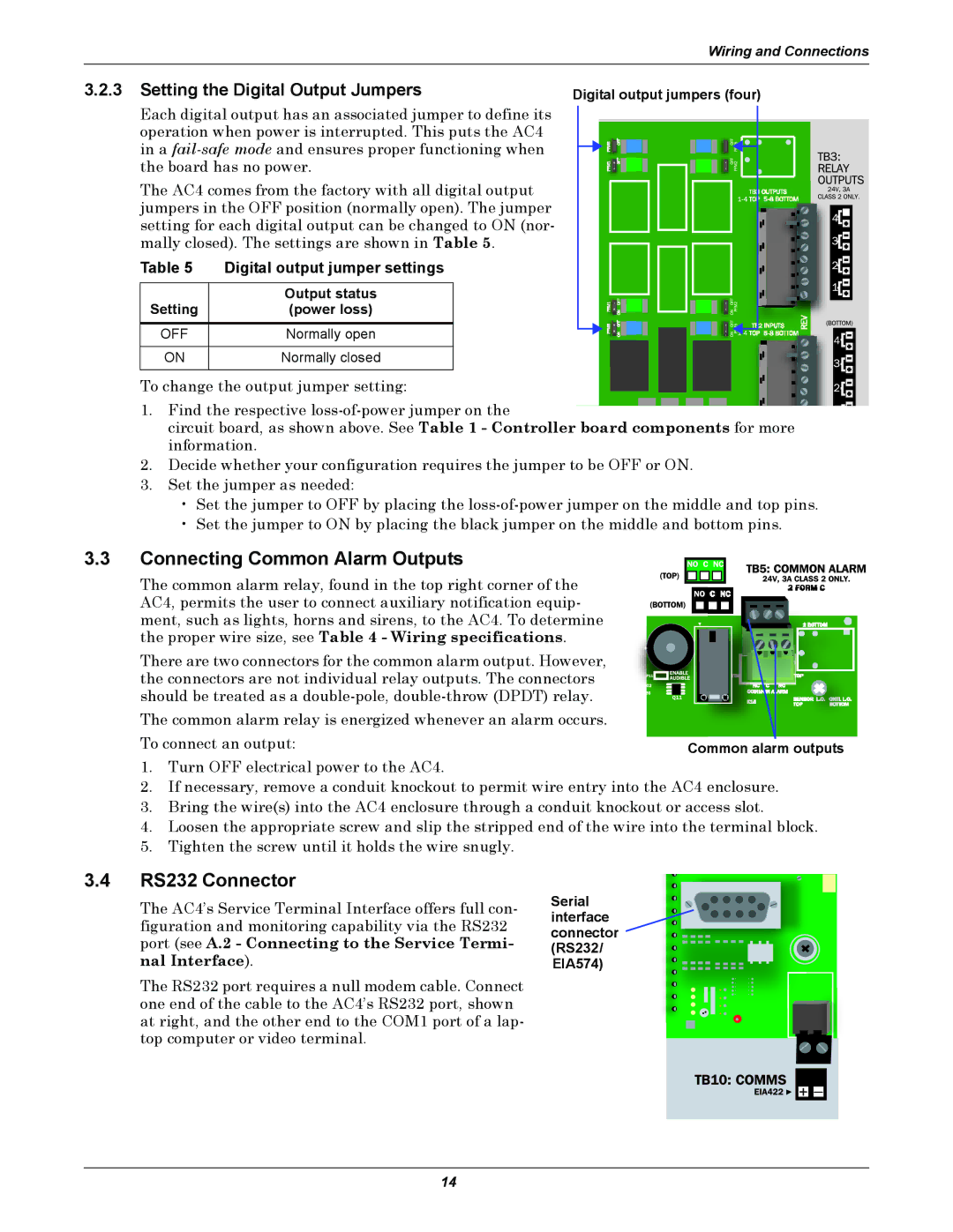 Liebert AC4 user manual Connecting Common Alarm Outputs, RS232 Connector, Setting the Digital Output Jumpers 