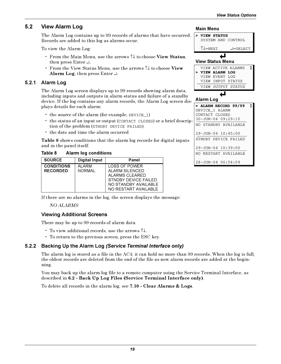 Liebert AC4 user manual View Alarm Log, Alarm log conditions 