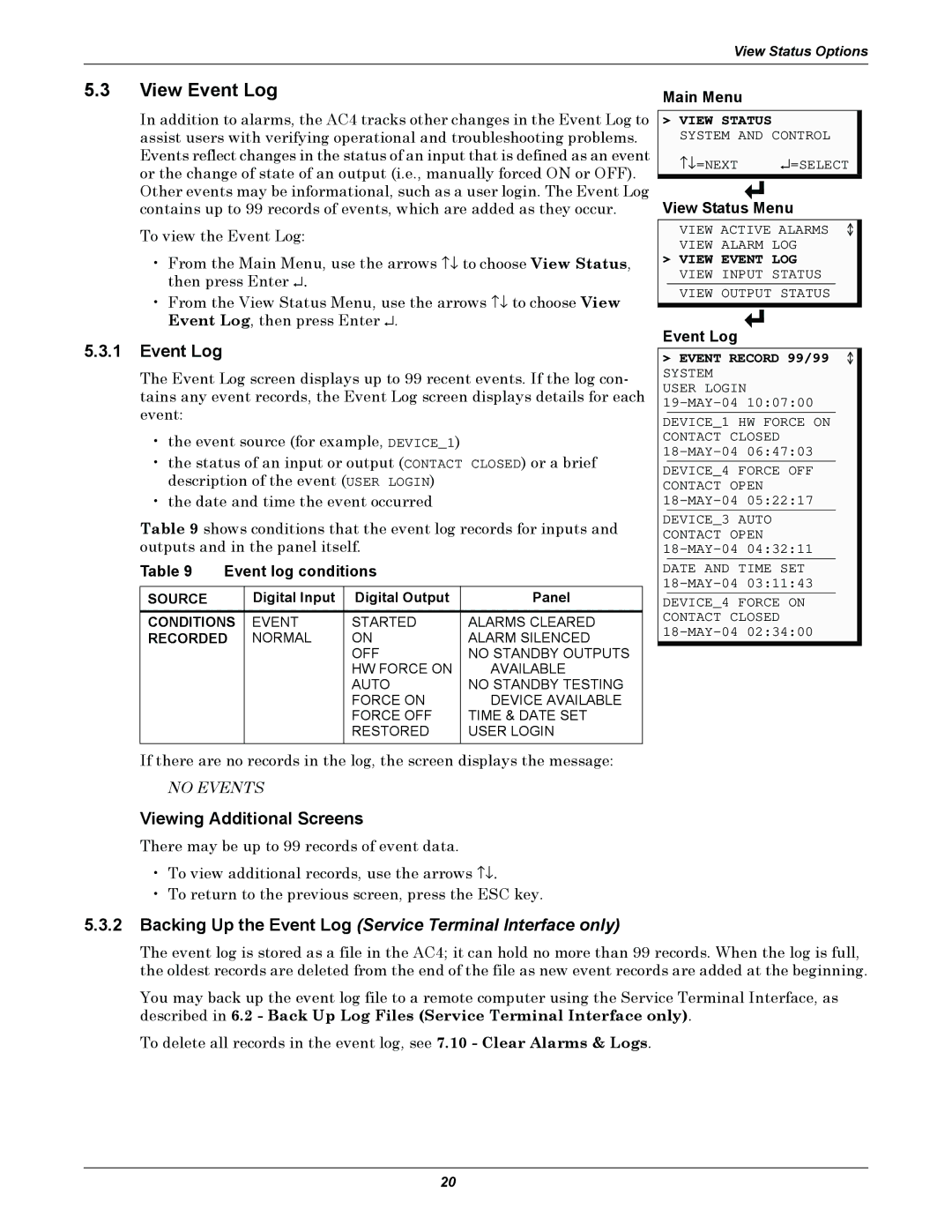 Liebert AC4 user manual View Event Log, Event log conditions, Digital Input Digital Output Panel 