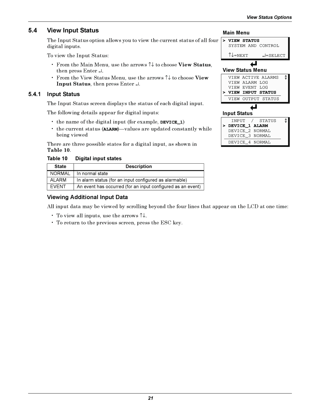 Liebert AC4 user manual View Input Status, Viewing Additional Input Data, Digital input states 