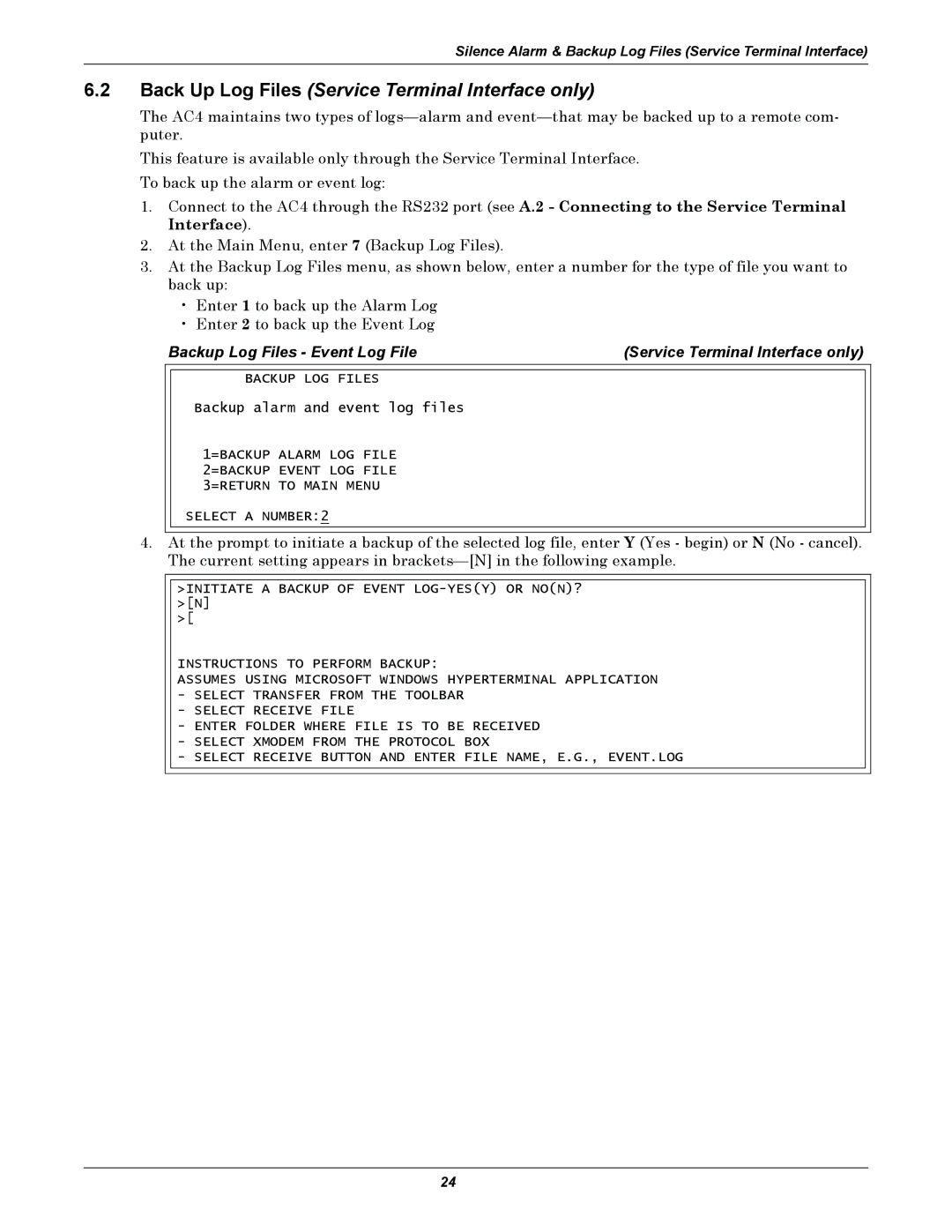 Liebert AC4 user manual Back Up Log Files Service Terminal Interface only 